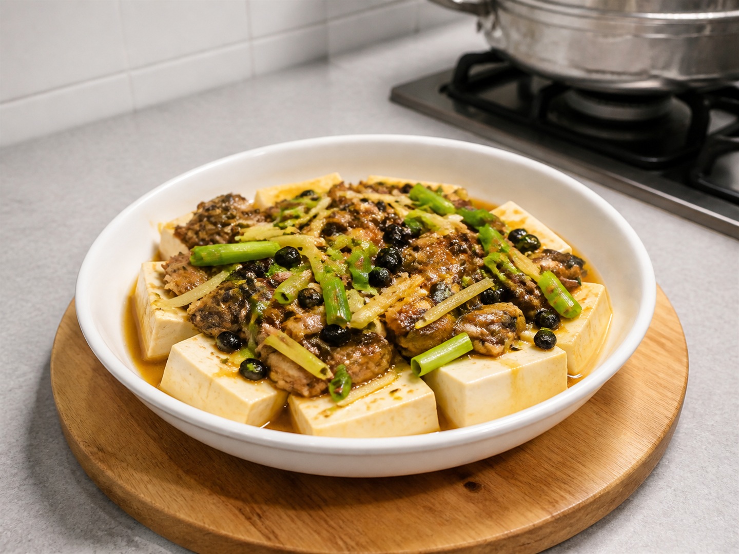 豆豉鯪魚蒸豆腐 — 灑蔥上桌