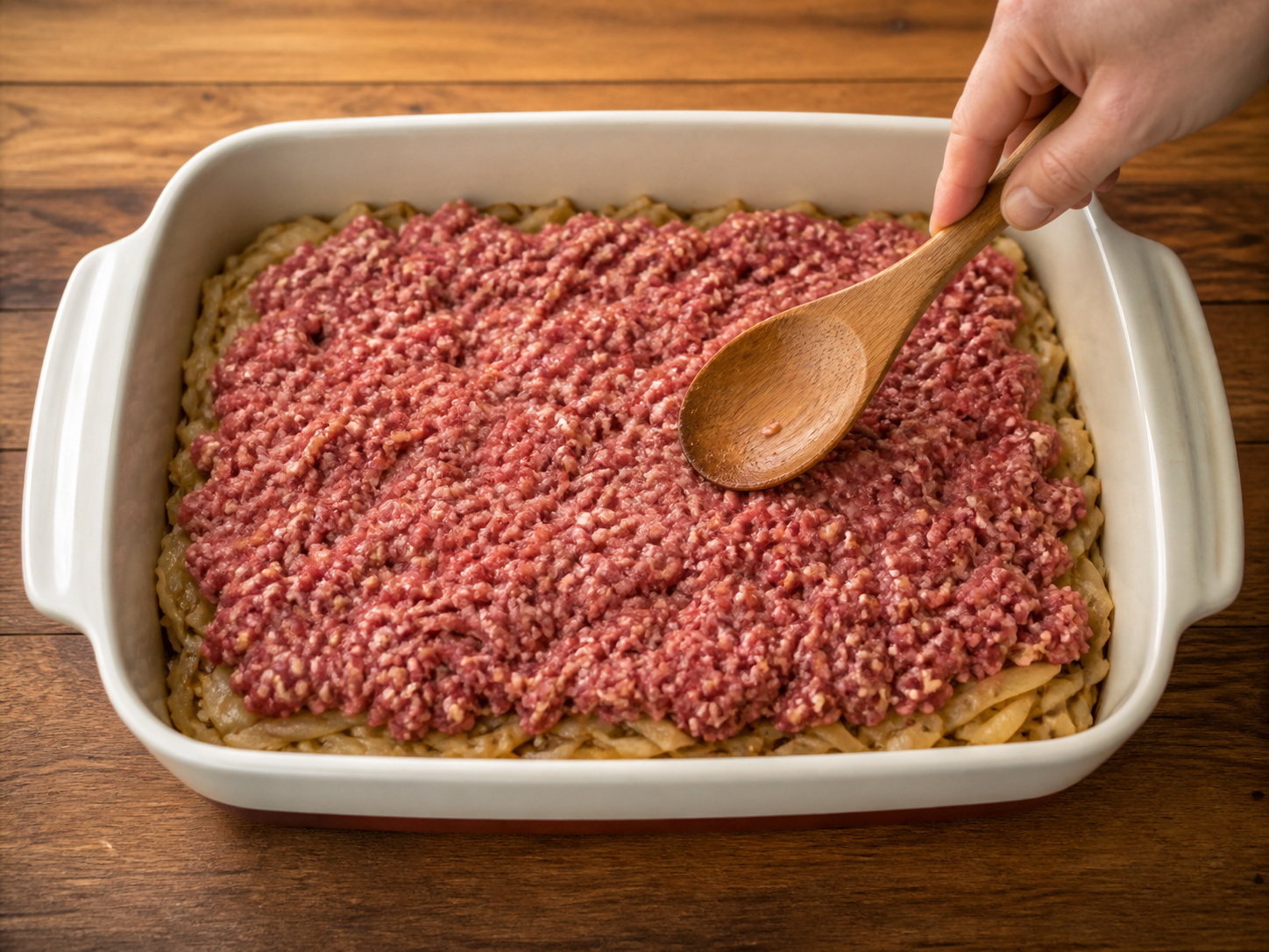 Suwekong Kålpudding na Baka at Repolyo — Ilatag nang pantay ang beef mixture sa repolyo
