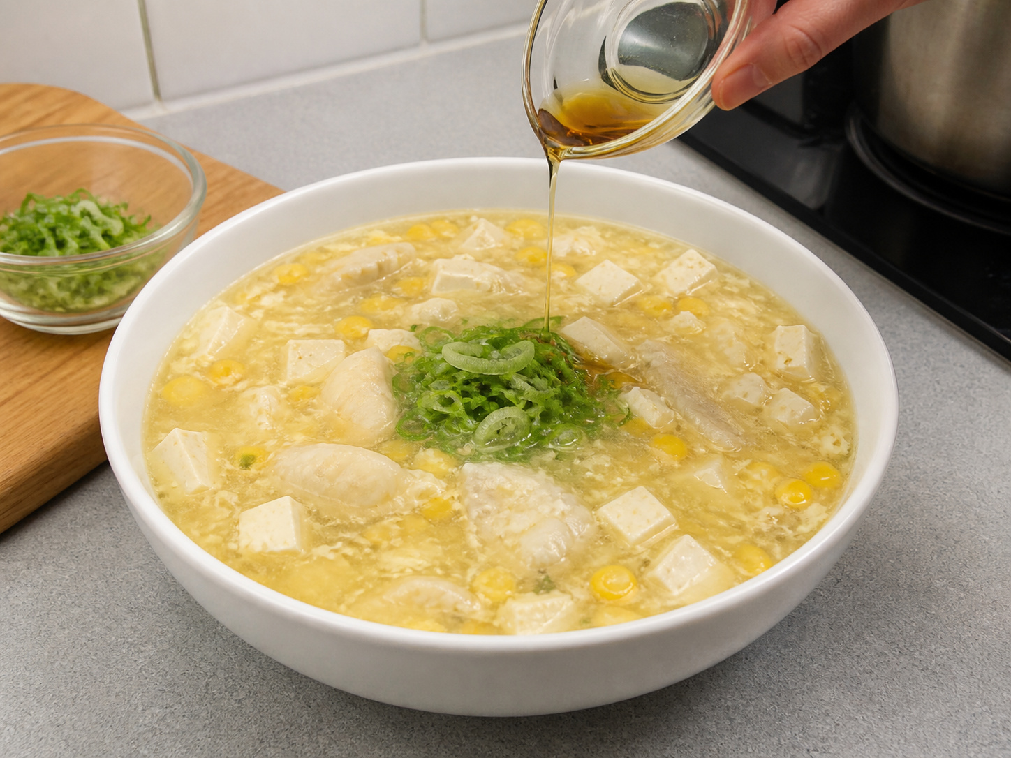 粟米豆腐魚柳羹 — 加入麻油蔥花