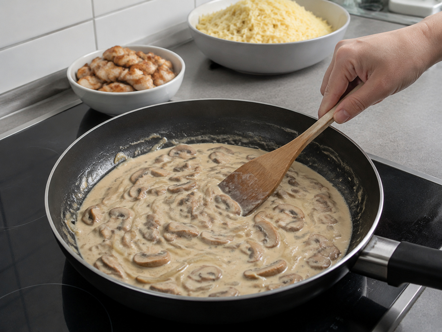 Ihalo ang harina, stock at cream: Ihalo ang harina, stock at cream. Sundin ang sukat at pagkakasunod ng recipe; tiyaking tama ang lagay ng pagkain bago magpatuloy.