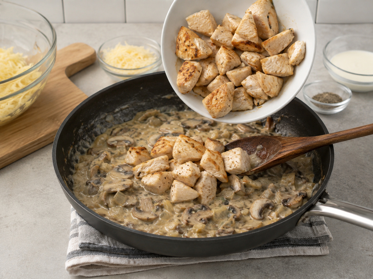 Ibalik ang manok sa filling: Ibalik ang manok sa filling. Sundin ang sukat at pagkakasunod ng recipe; tiyaking tama ang lagay ng pagkain bago magpatuloy.