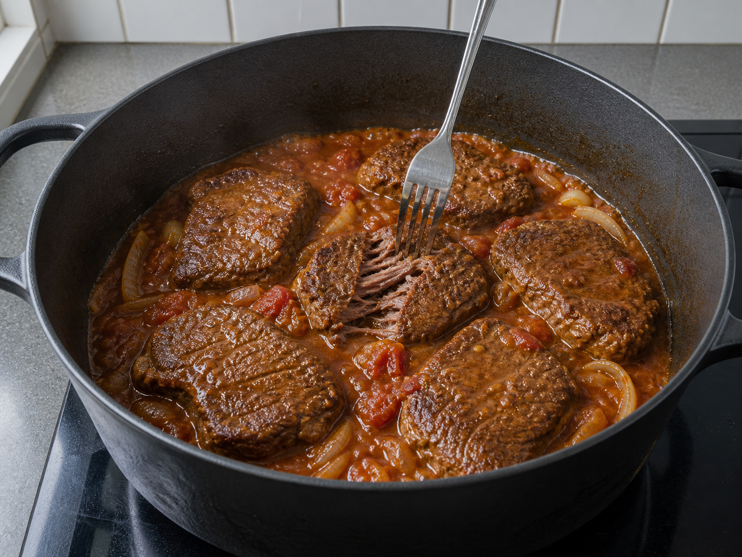 Swiss Steak with Tomato and Onions — Check and reduce