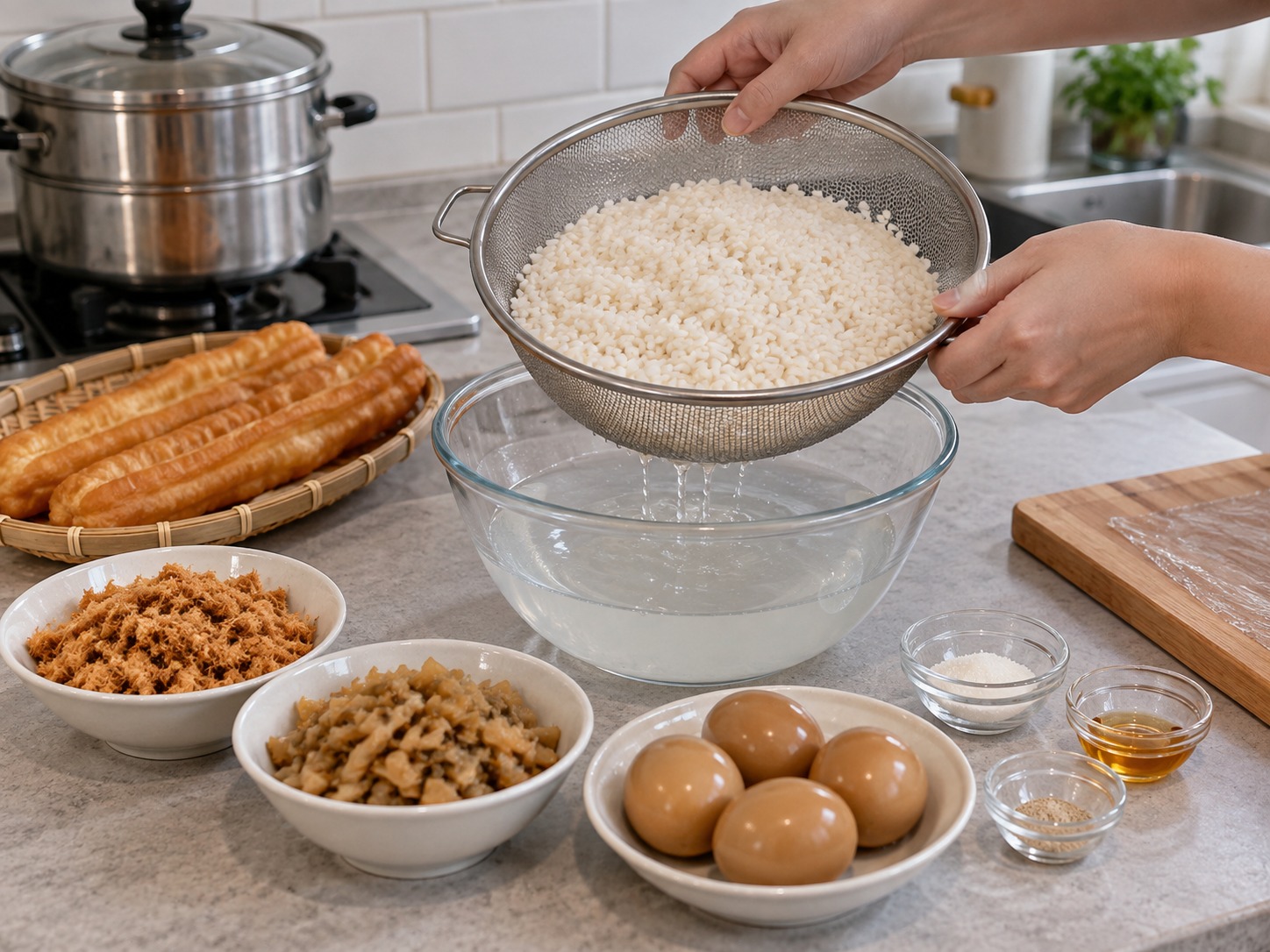 台式飯糰 — 糯米預先浸水四小時後瀝乾