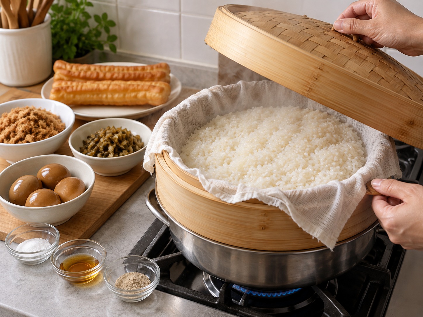 台式飯糰 — 糯米放入鋪布蒸鍋,大火蒸二十五分鐘