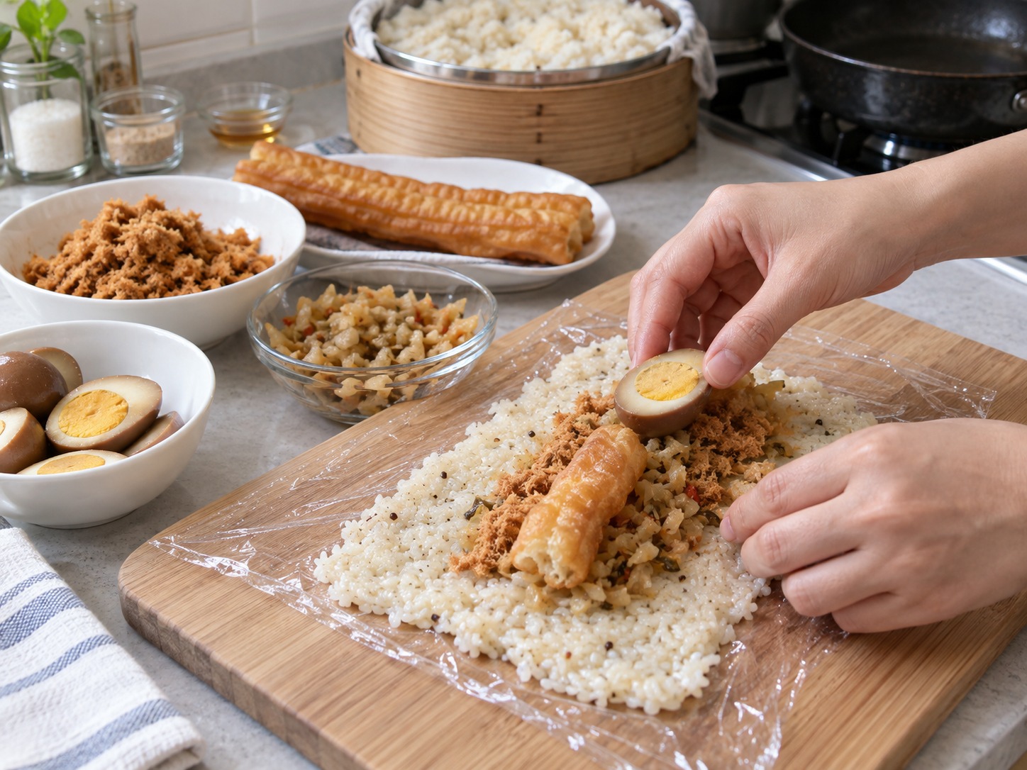 台式飯糰 — 中央放油條、肉鬆、菜脯和半隻滷蛋