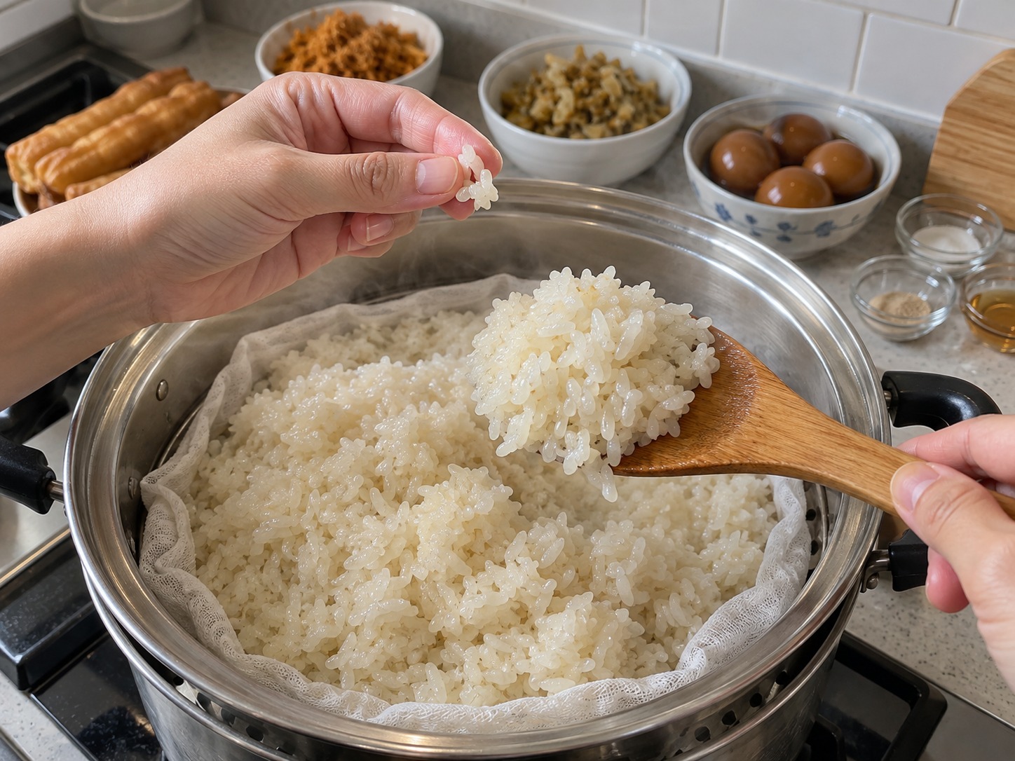 台式飯糰 — 確認糯米完全蒸熟而沒有硬芯