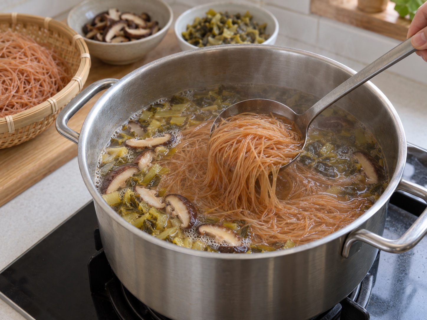 Bihun Tiram Taiwan — 6. Tambahkan bihun merah dan masak selama 8 menit hingga lunak namun tidak pecah