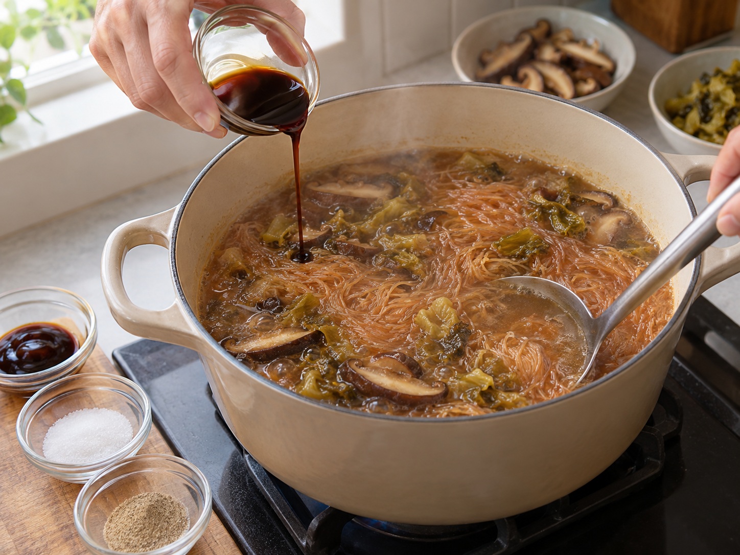 Bihun Tiram Taiwan — 7. Bumbui kaldu dengan kecap, saus tiram, gula dan lada putih
