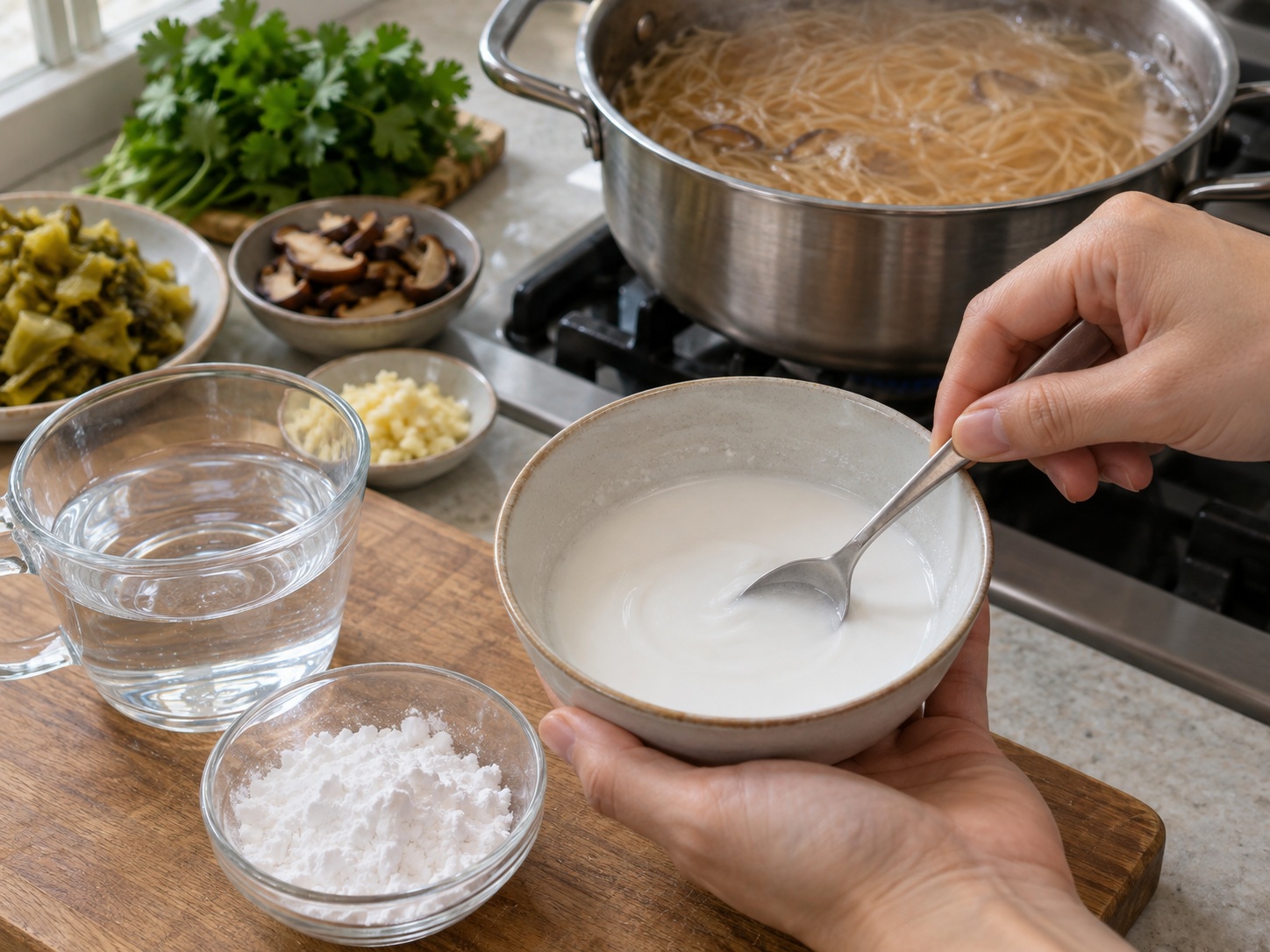 Bihun Tiram Taiwan — 8. Aduk tepung ubi jalar dengan air dingin hingga rata
