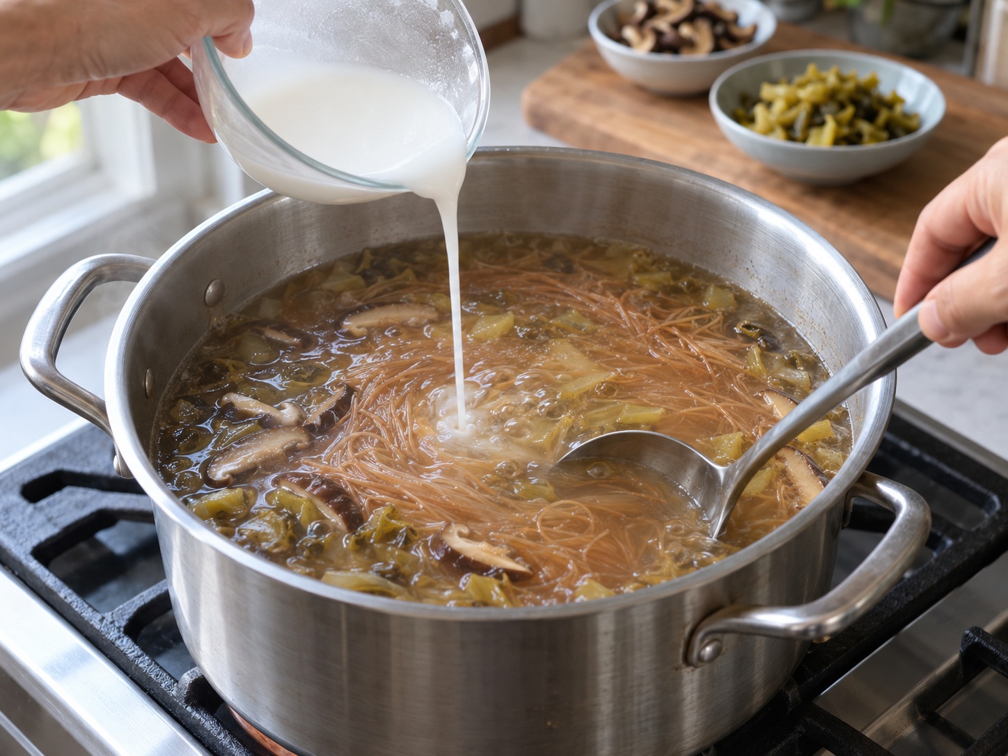 Bihun Tiram Taiwan — 9. Tuang bubur perlahan ke dalam kaldu yang sudah mendidih sambil diaduk hingga agak mengkilat