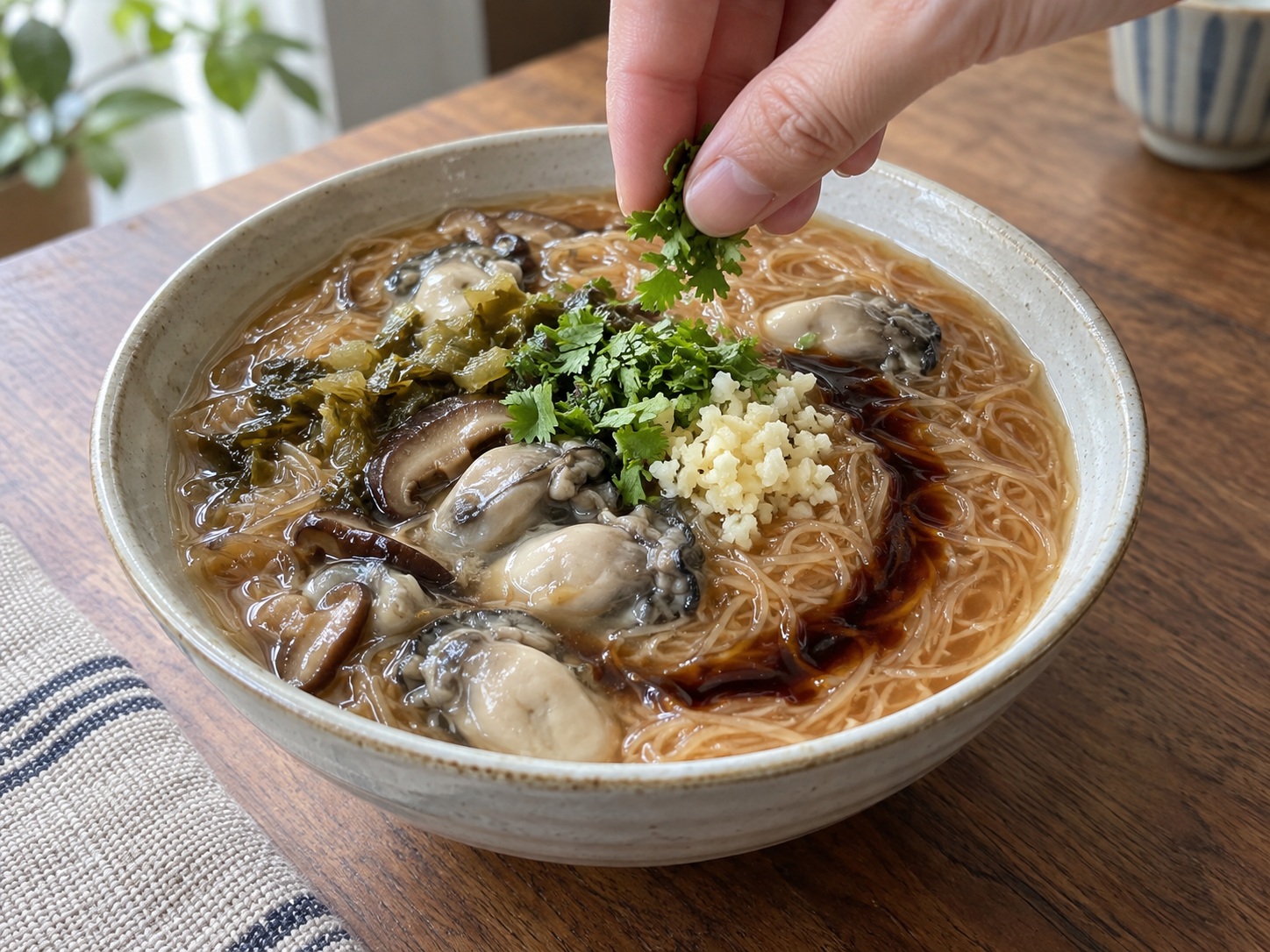 Bihun Tiram Taiwan — 12. Tuang ke dalam mangkuk dan taburi dengan bawang putih, ketumbar, dan cuka hitam