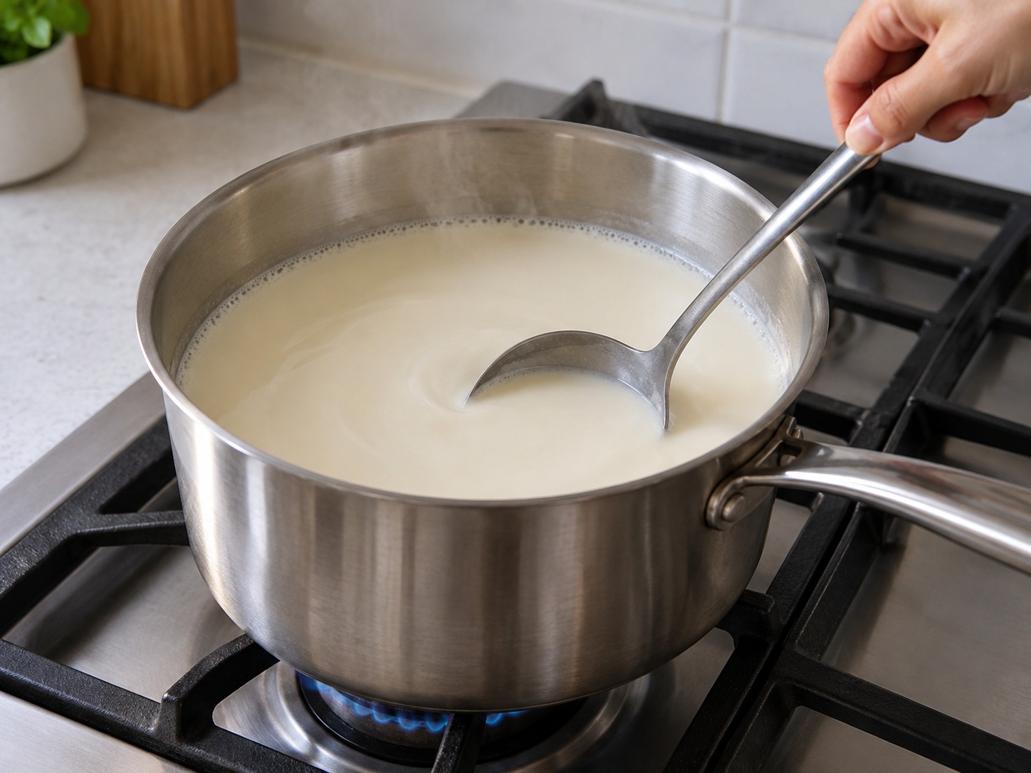 Susu Kedelai Asin Taiwan — 8. Panaskan susu kedelai dengan api sedang, aduk alasnya setiap 30 detik