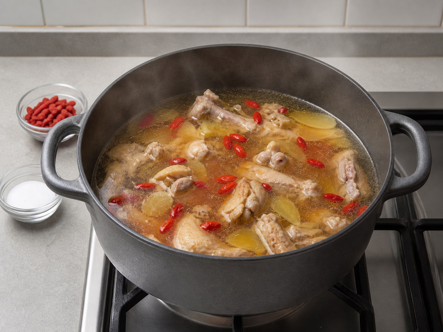 Sup Ayam Minyak Wijen ala Taiwan: Bumbui dan masukkan goji