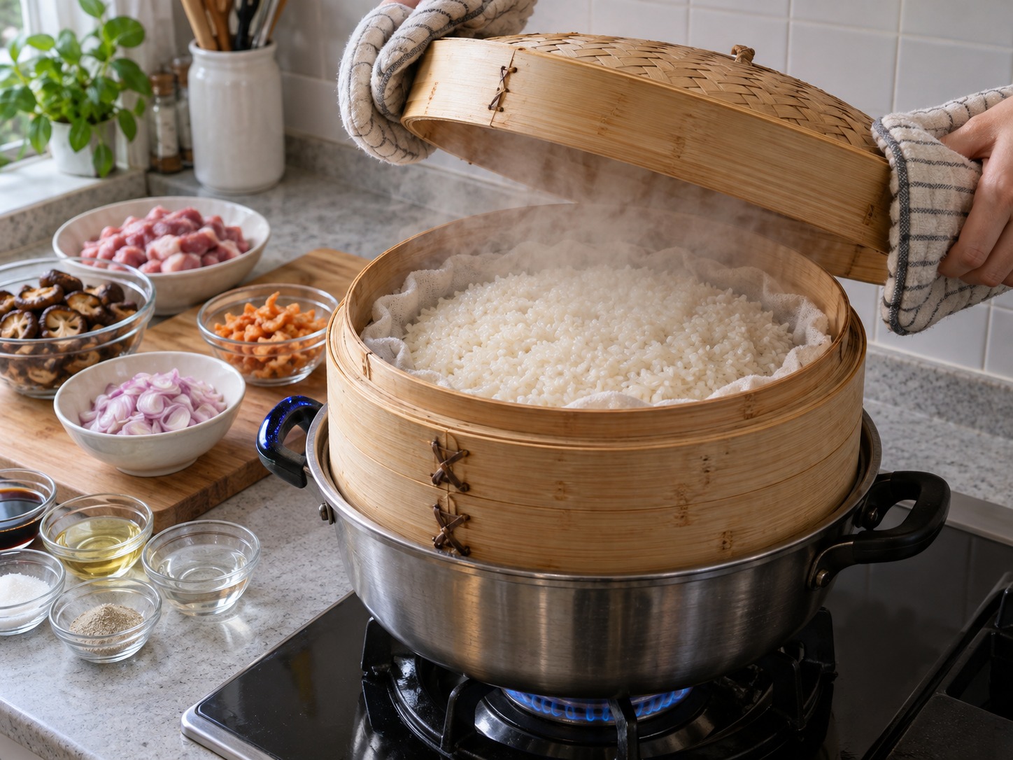 台式香菇油飯 — 水滾後加蓋蒸二十五分鐘，保持穩定蒸氣
