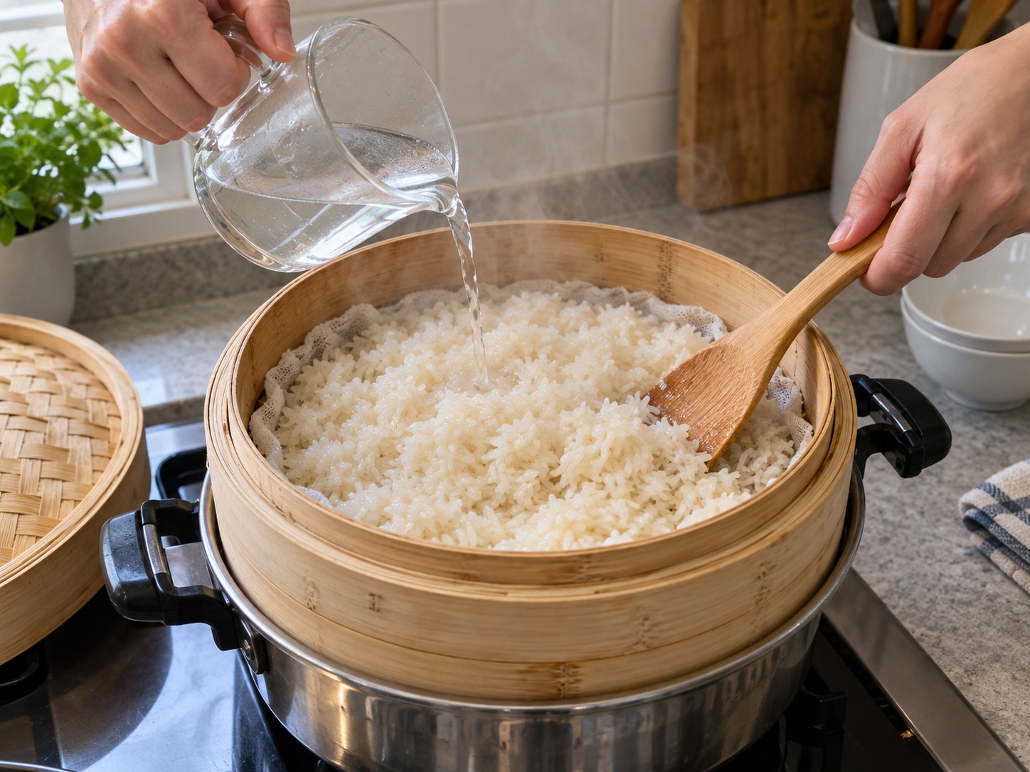 台式香菇油飯 — 淋上八十毫升熱水，翻鬆糯米再蒸十分鐘至無硬芯