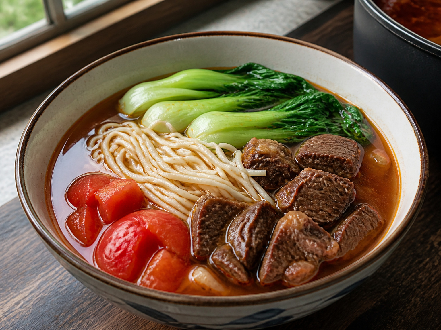 台式番茄牛肉麵: 牛腉在番茄、醬油及八角紅湯中燜 90 分鐘，再淋在彈牙麵條及青菜上。