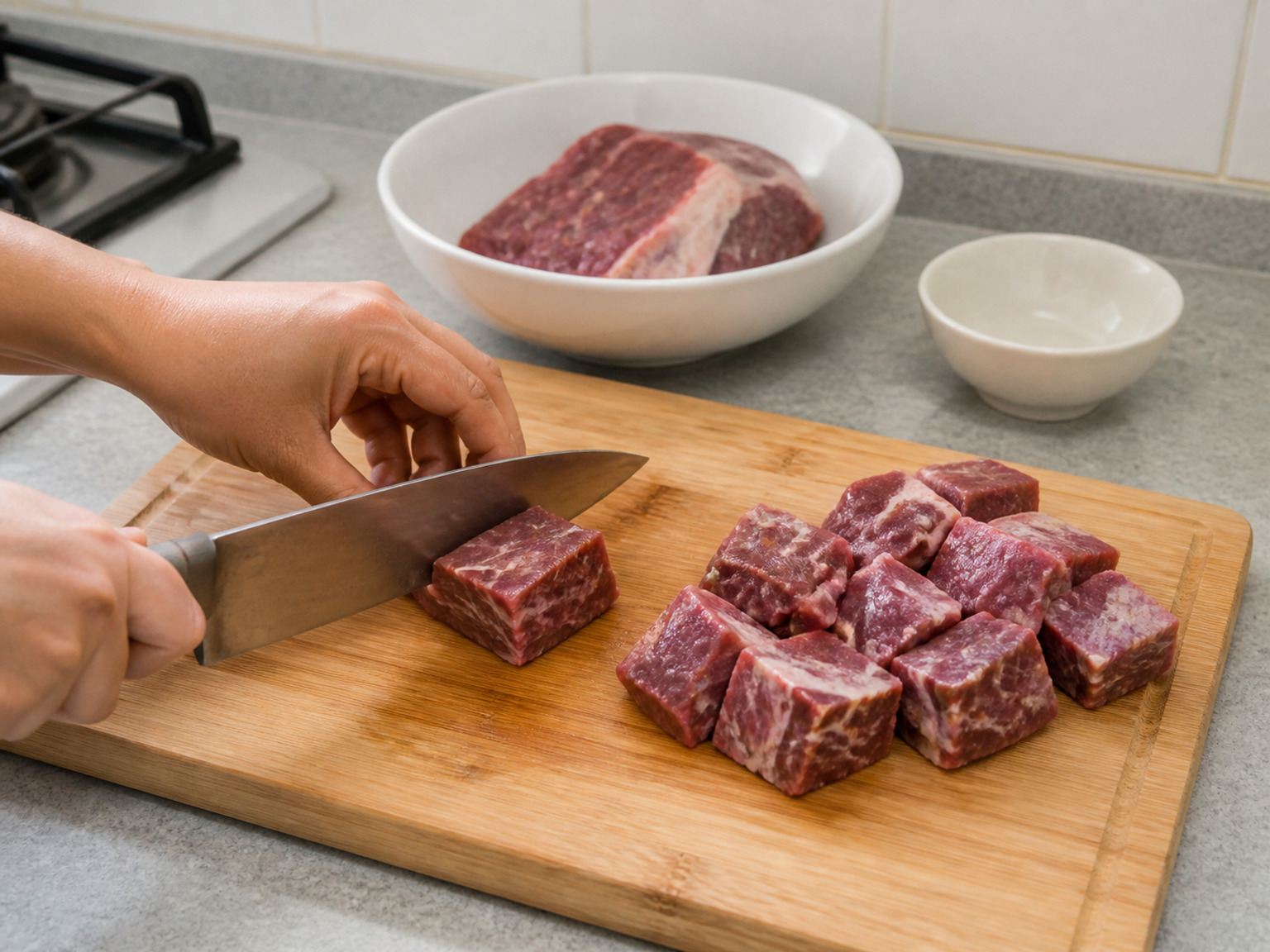 把牛肉切大塊: 牛肩肉切成約4厘米方塊，順便除去表面大片硬筋和多餘脂肪。