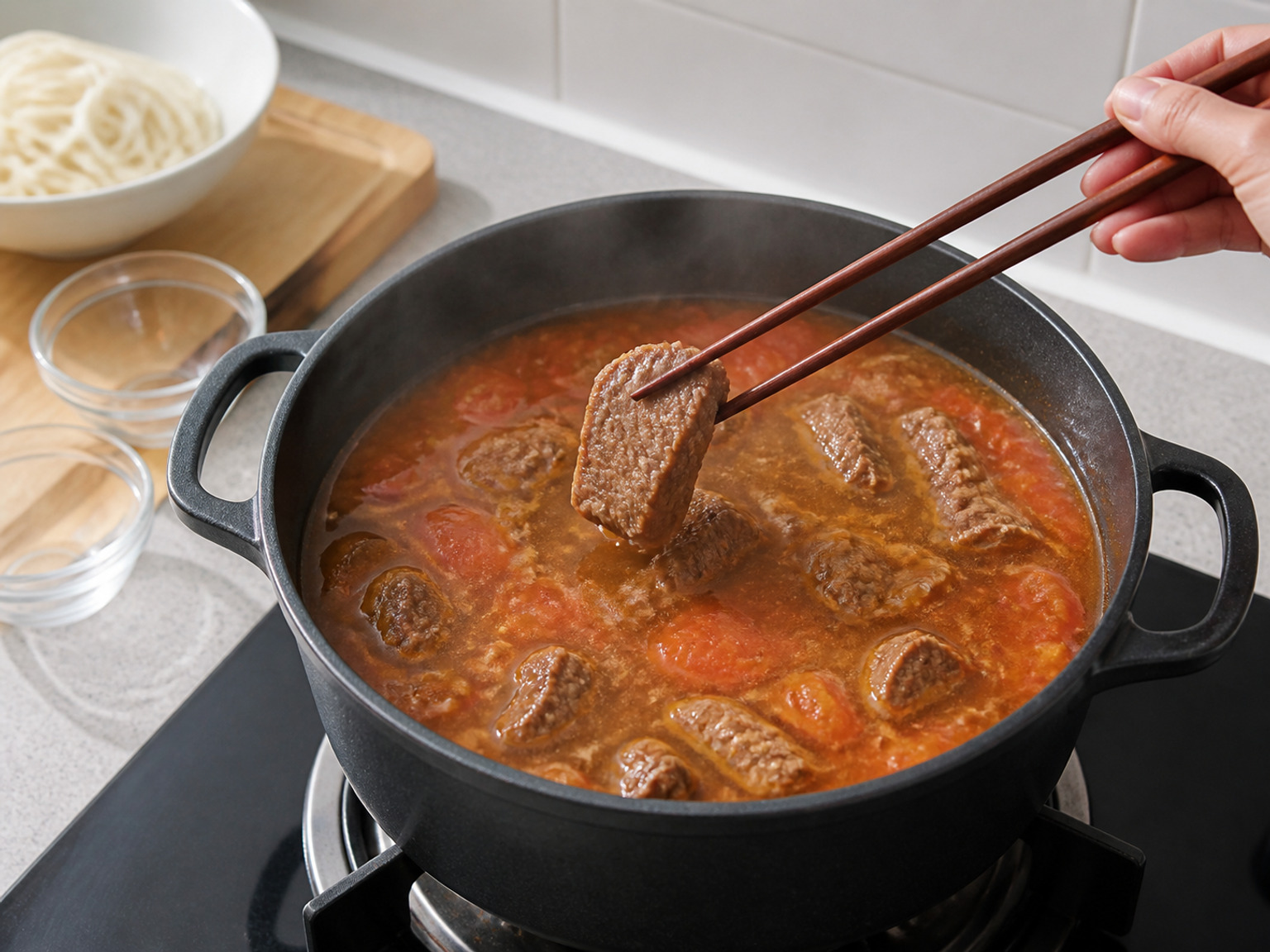 加蓋燜牛肉九十分鐘: 把湯煮滾，調至小火並蓋留細縫燜 90 分鐘，每 30 分鐘翻動牛肉，至叉可輕易插入而肉塊仍保持形狀。