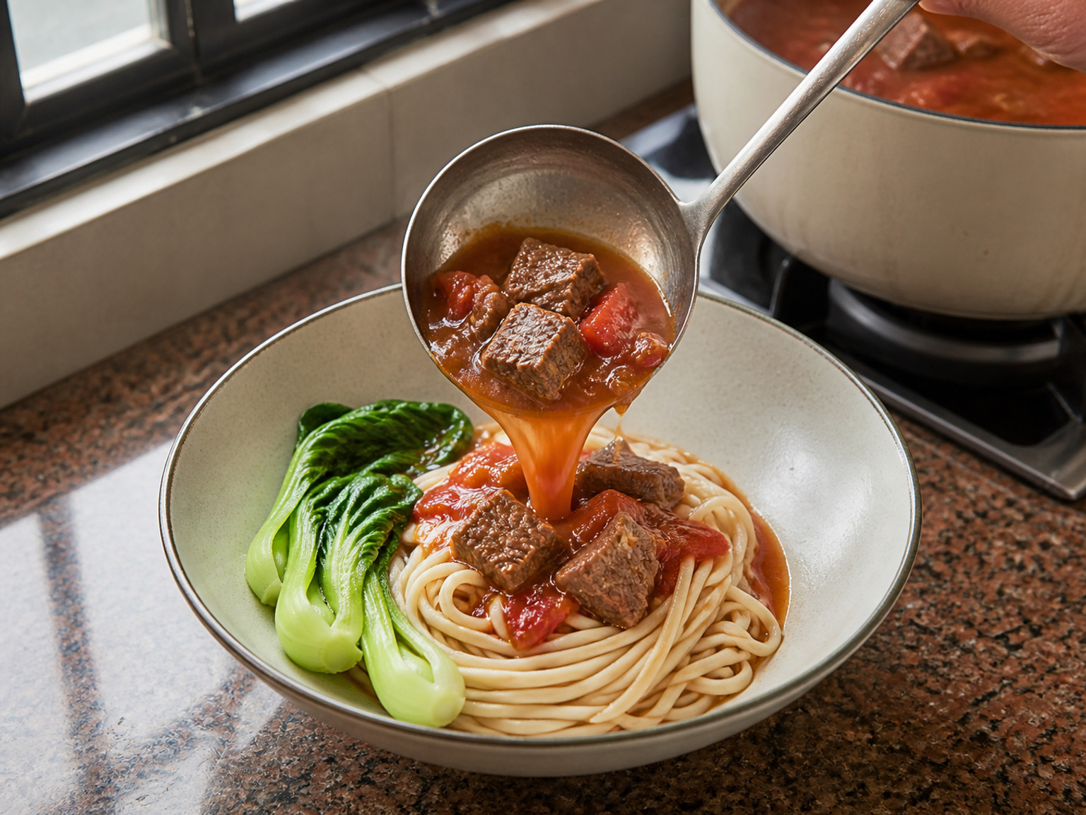 牛肉番茄湯淋麵: 把牛肉湯重新煮至大滾 2 分鐘。4 碗各放等量麵、菜、牛肉及番茄，再淋入滾熱湯至遮蓋半份麵。