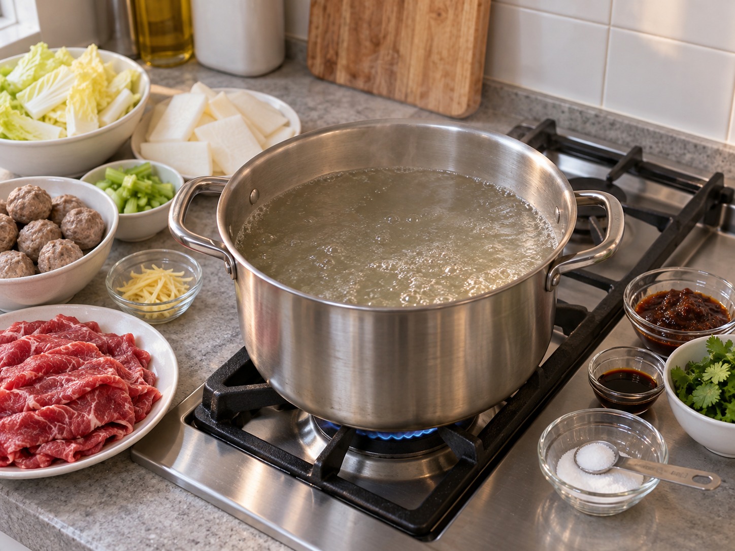 潮州牛肉火鍋 — 加水和鹽煮至微滾