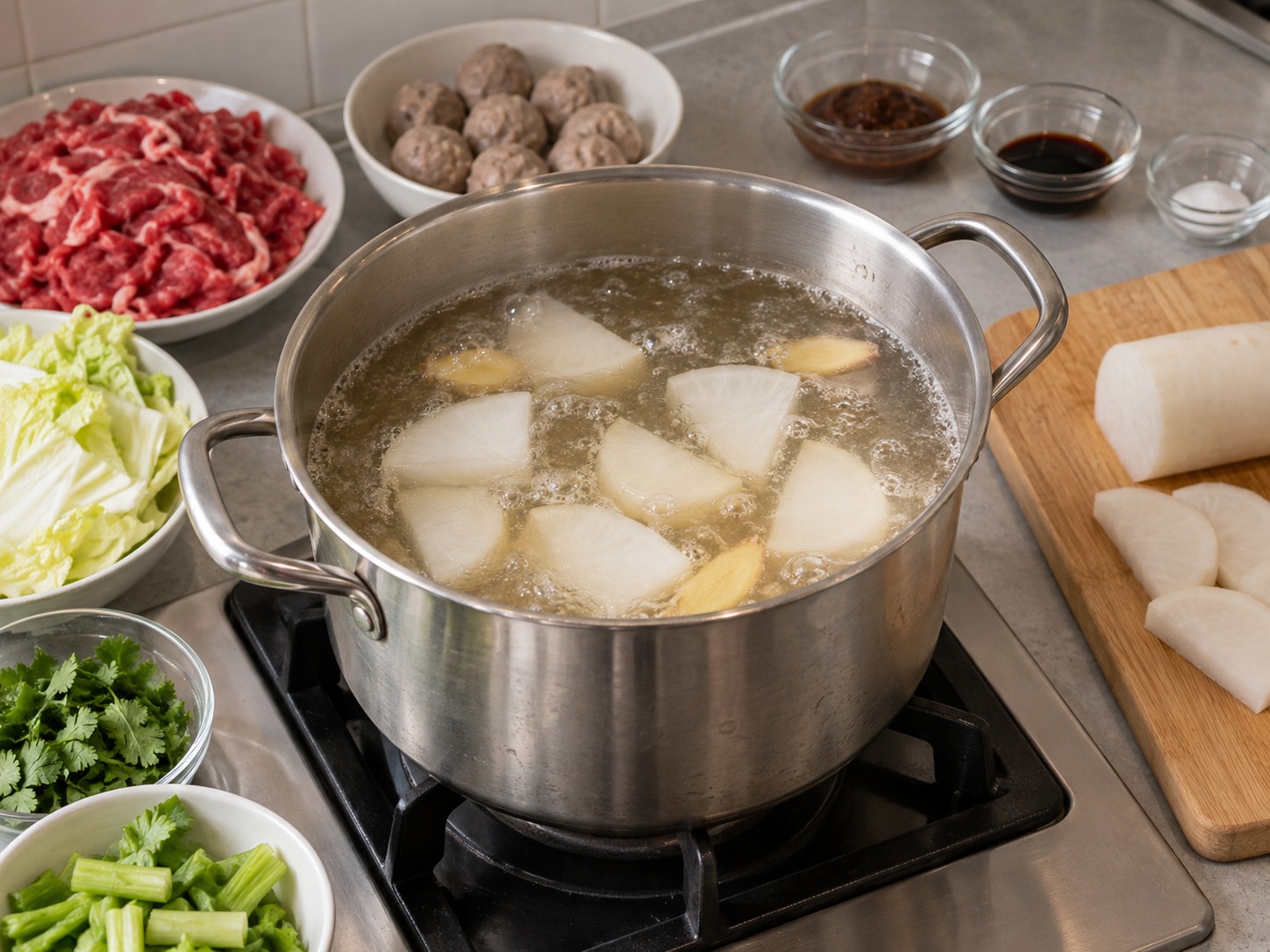 潮州牛肉火鍋 — 放入白蘿蔔煮十分鐘