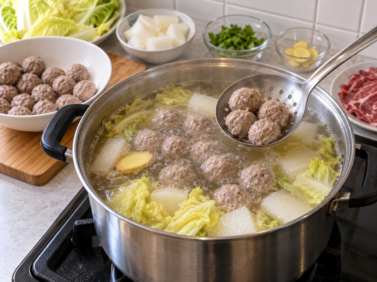 潮州牛肉火鍋 — 加牛肉丸煮至浮起