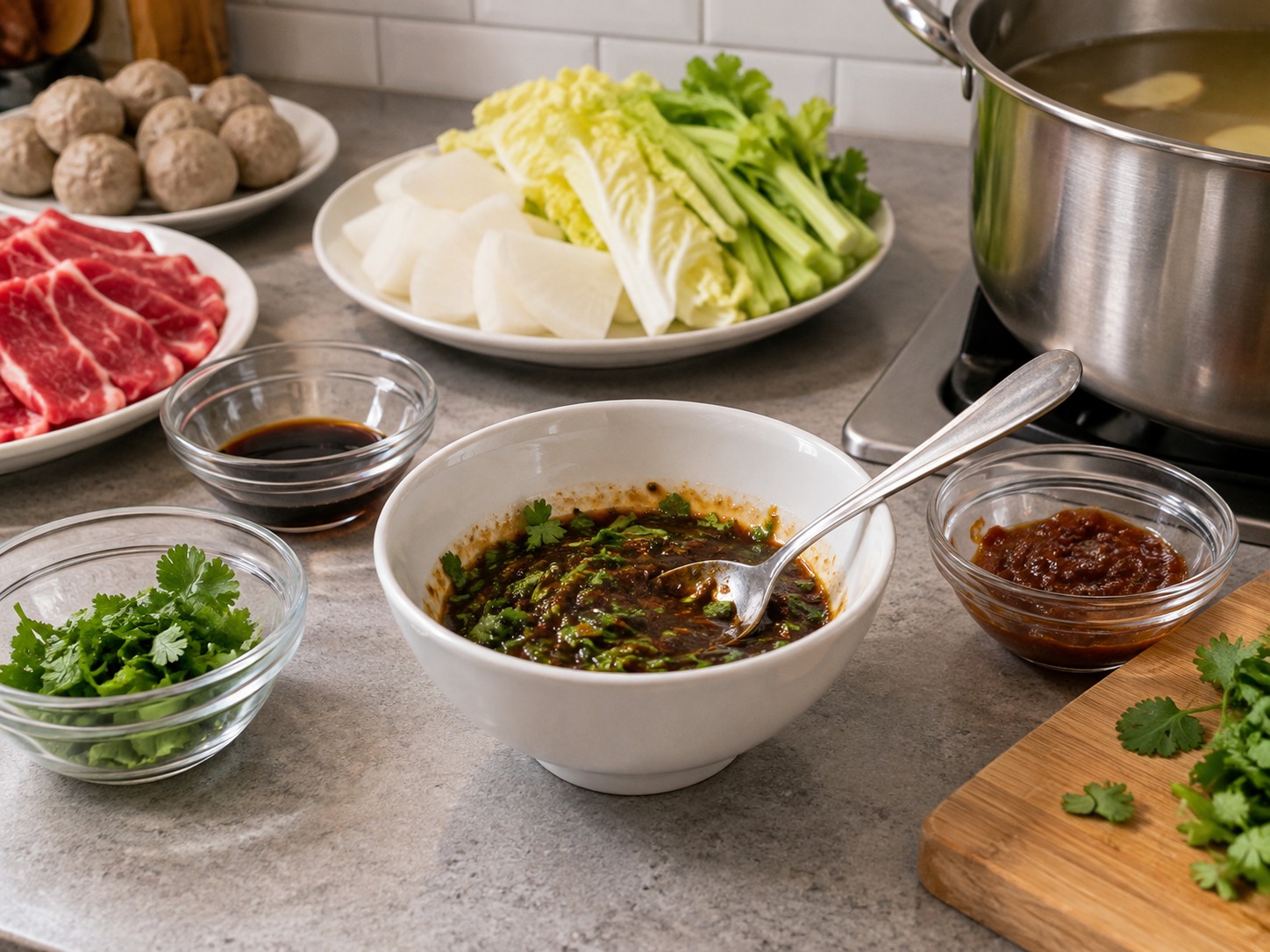 潮州牛肉火鍋 — 將沙茶醬、生抽和芫荽拌成蘸醬