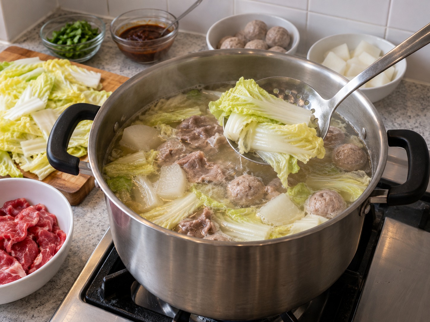 潮州牛肉火鍋 — 加入白菜煮至剛軟