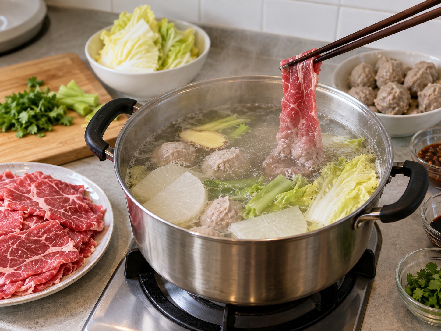 潮州牛肉火鍋 — 用筷子夾一片牛肉放進湯中