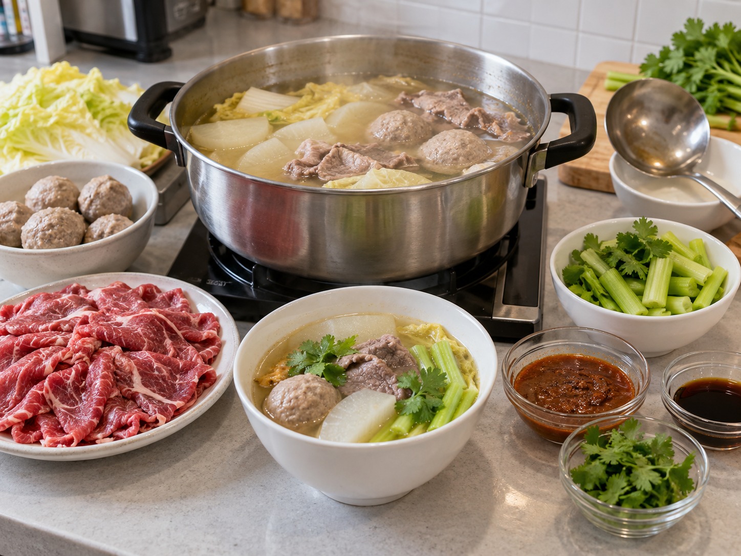 潮州牛肉火鍋 — 配蘸醬、芹菜和熱湯享用