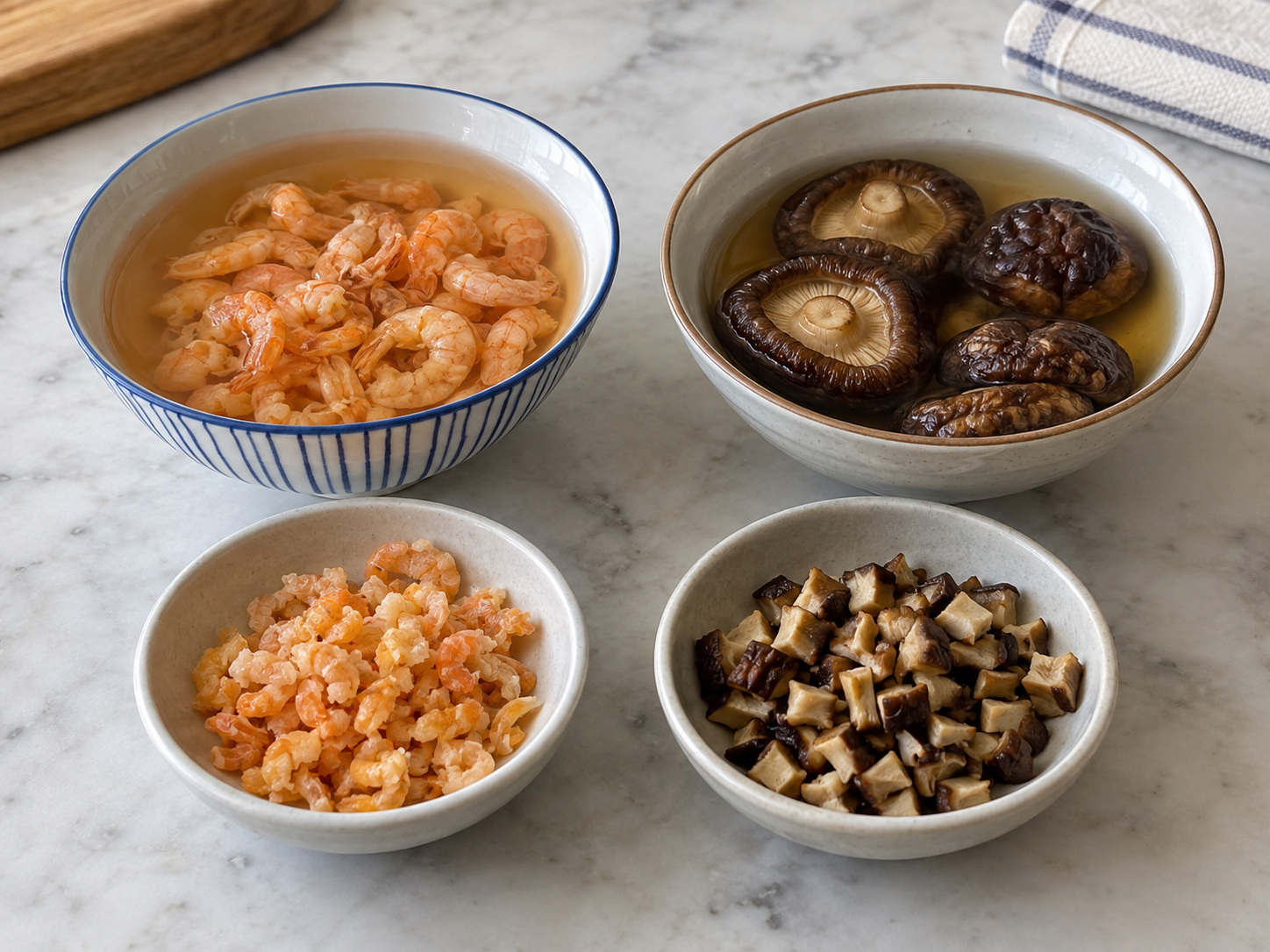 Teochew Chai Kueh na Pinasingawang Gulay Dumpling — Ibabad ang hipon at kabute