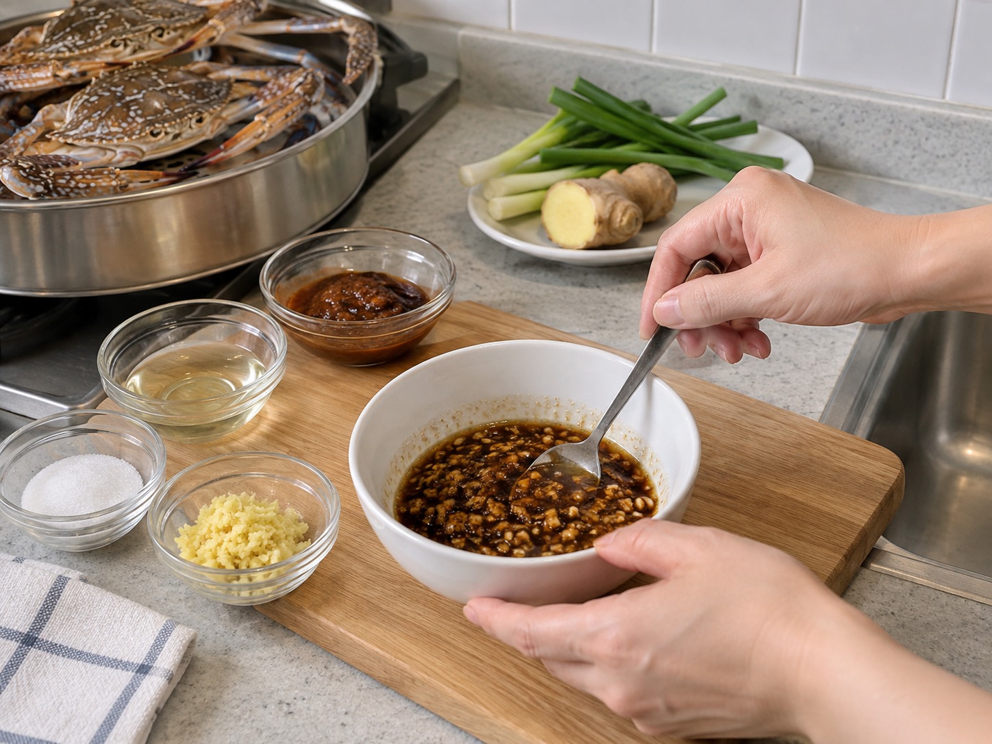 潮州凍花蟹 — 豆醬、白醋、糖和薑蓉拌成蘸汁