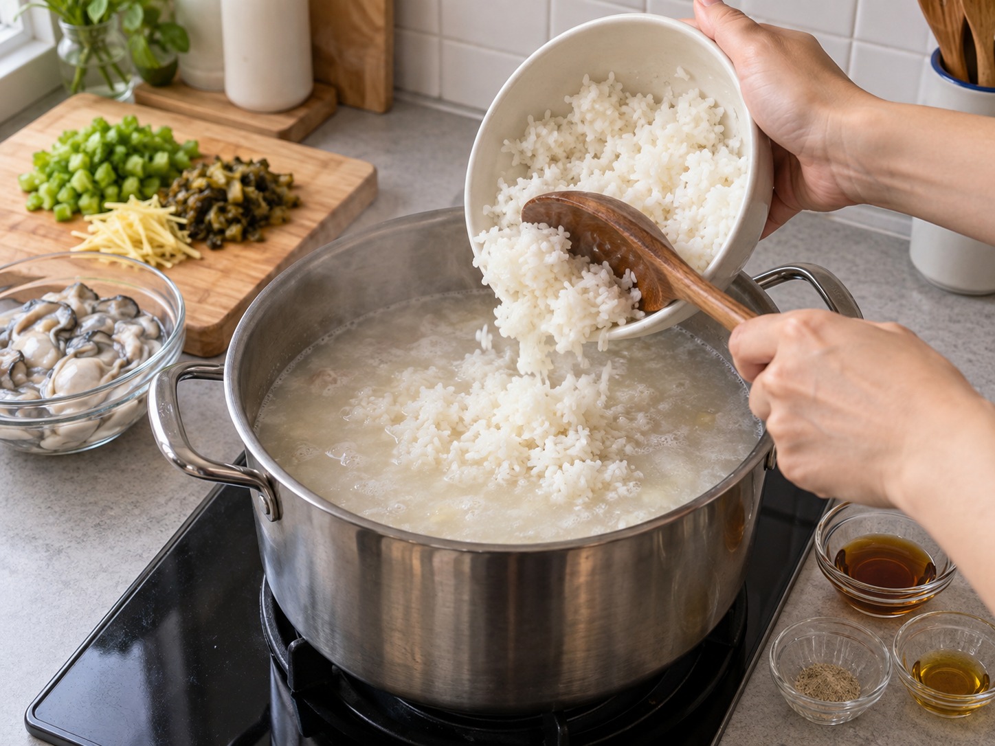 潮州蠔仔粥 — 加入白飯，以中火煮散但不要煮爛