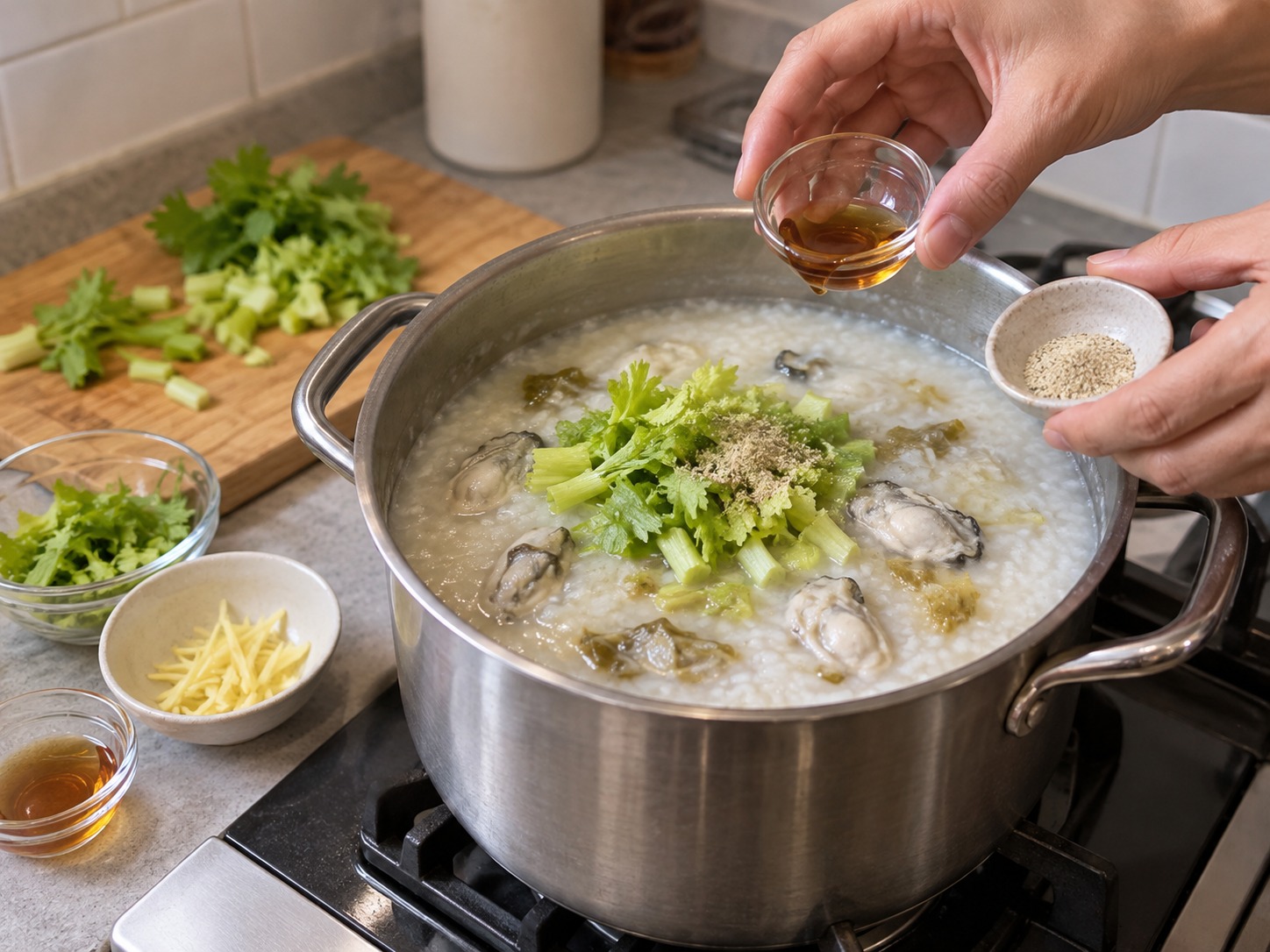潮州蠔仔粥 — 關火加入芹菜、白胡椒和芝麻油