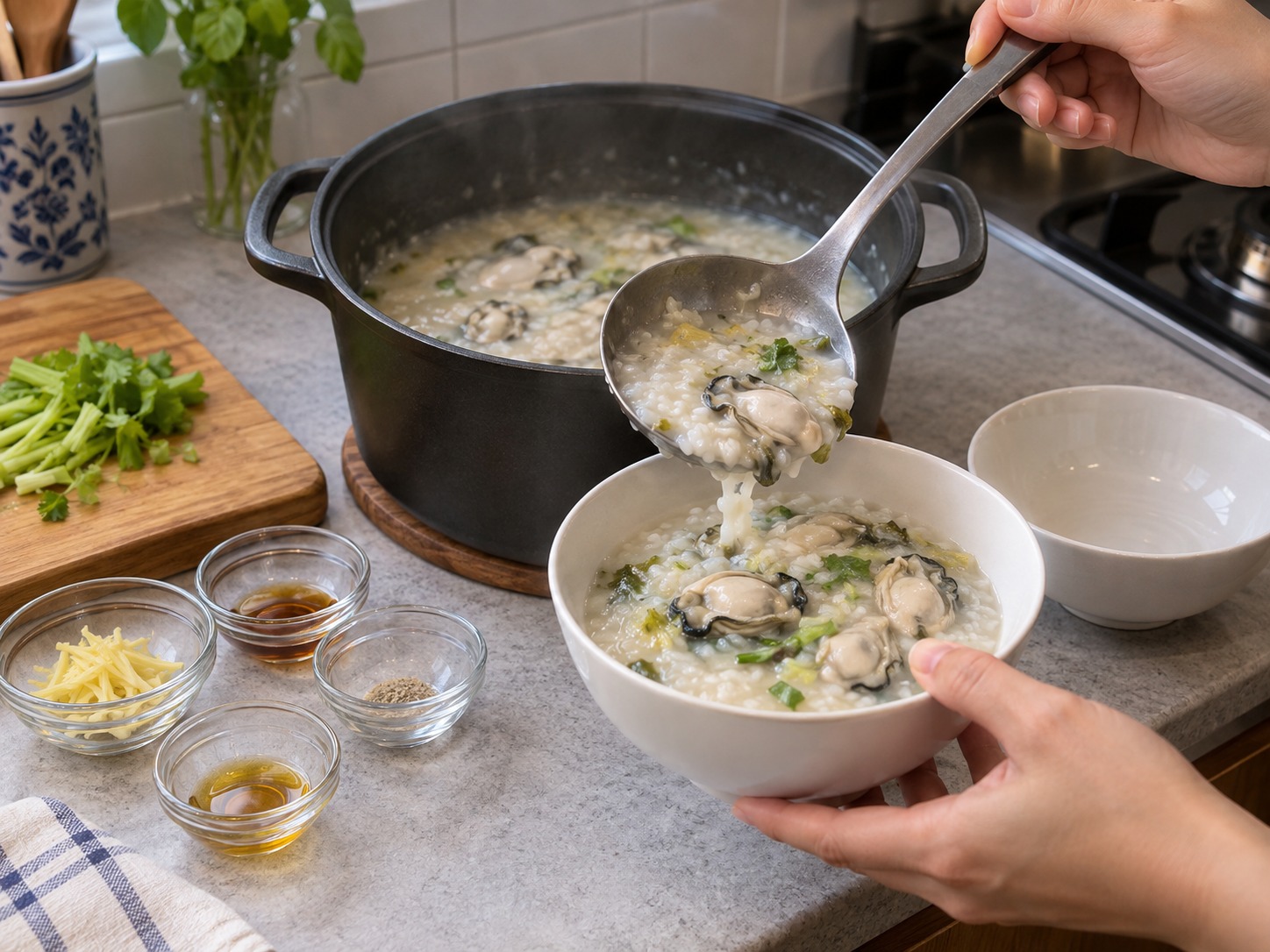 潮州蠔仔粥 — 連湯帶飯盛入碗中，趁熱食用