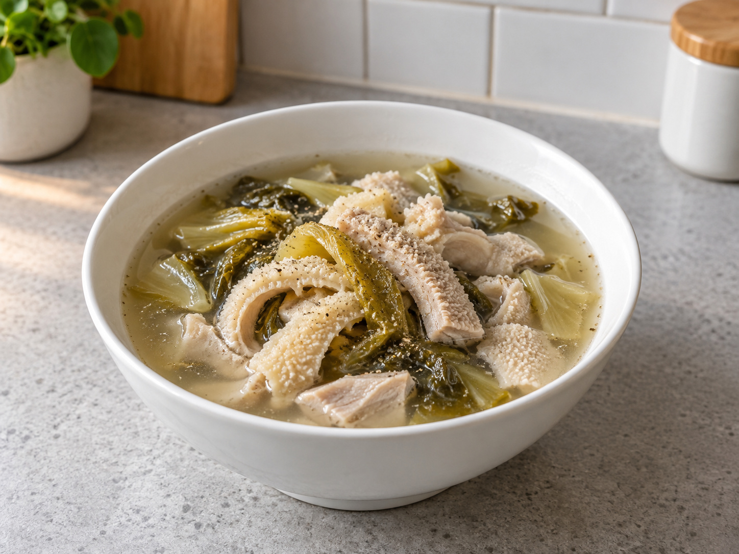 Teochew Pepper Pork Tripe Soup with Preserved Mustard Greens — finished dish