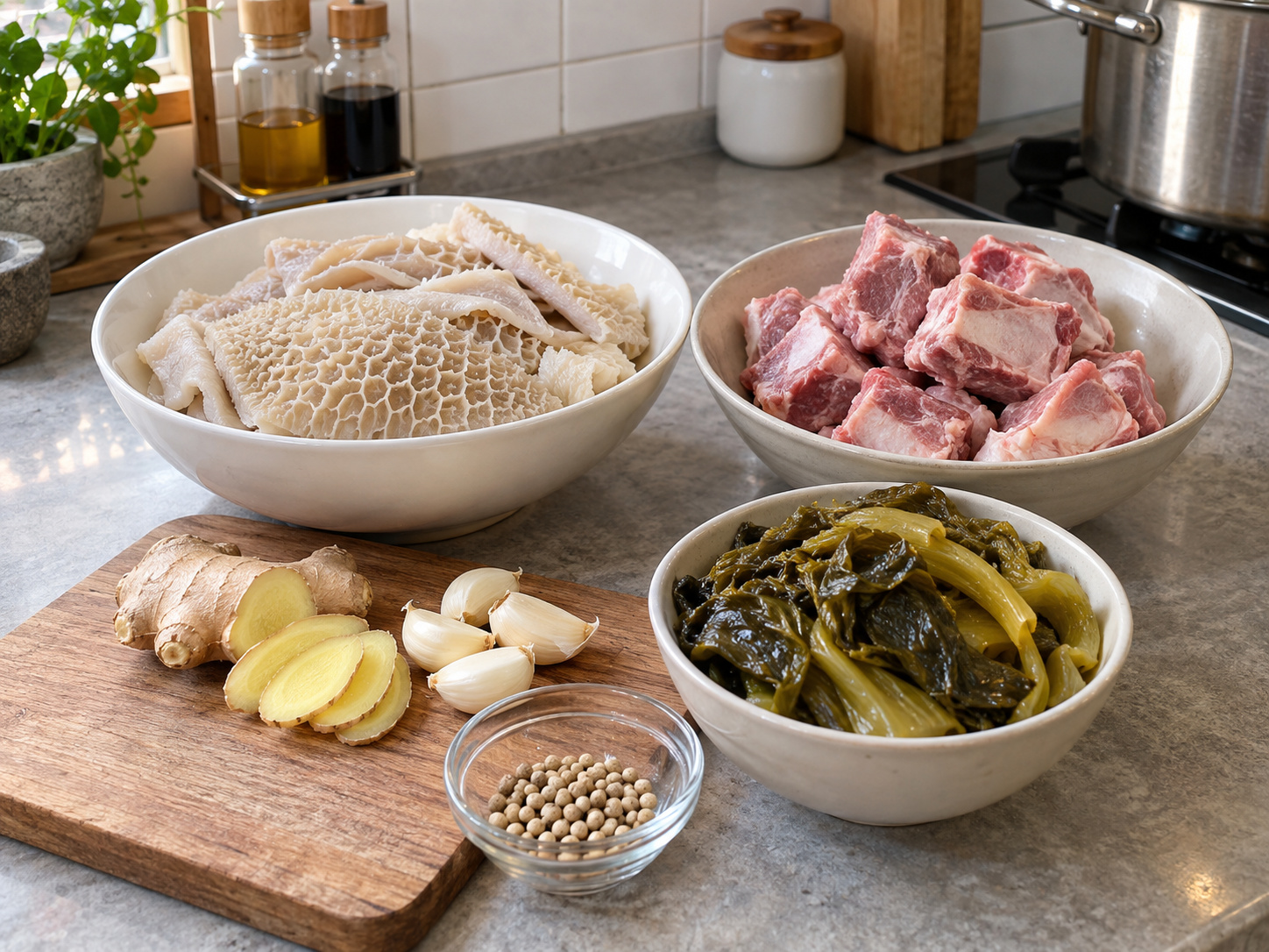 Teochew Pepper Pork Tripe Soup with Preserved Mustard Greens — ingredients