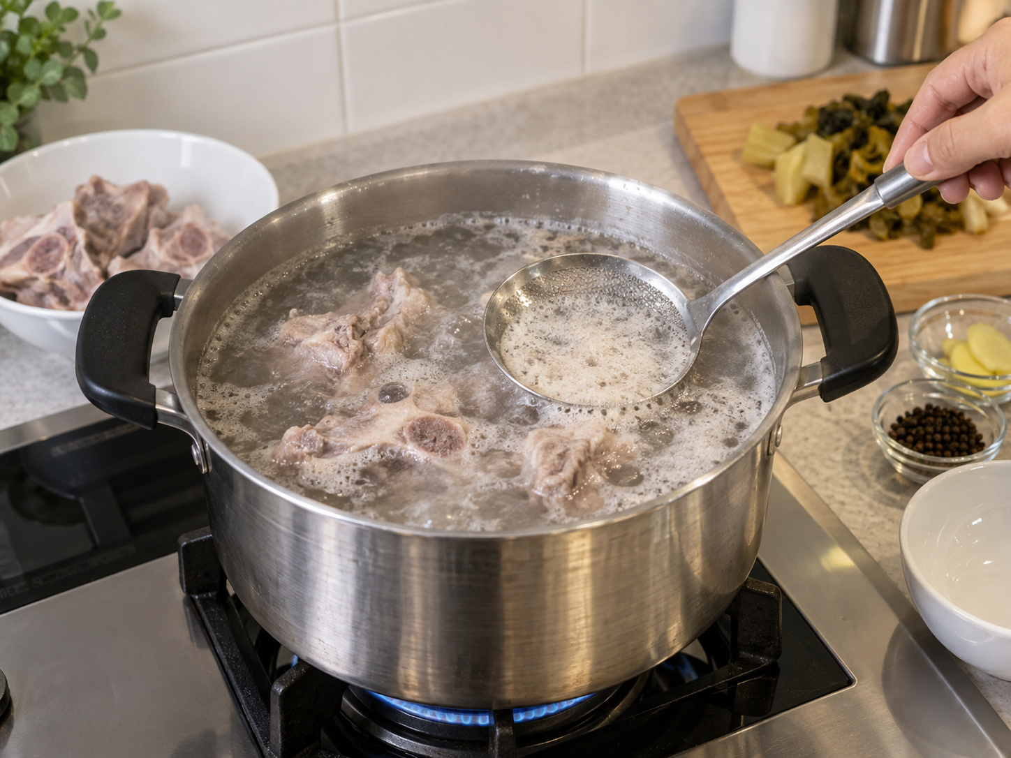 Teochew Pepper Pork Tripe Soup with Preserved Mustard Greens — Blanch the pork bones