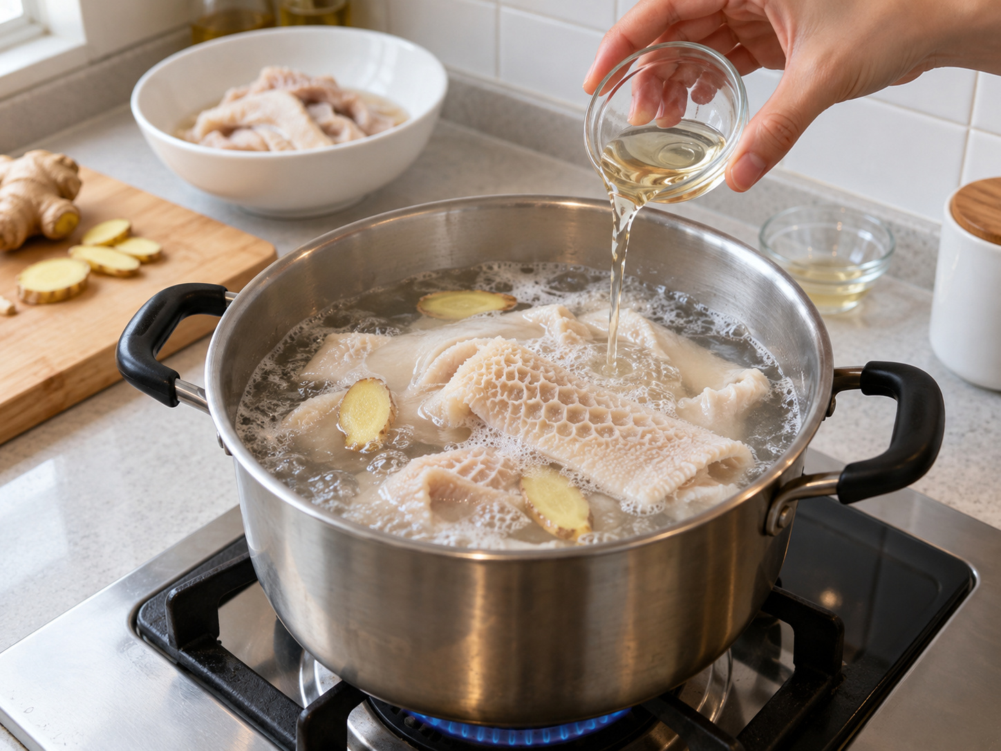 Teochew Pepper Pork Tripe Soup with Preserved Mustard Greens — Blanch the tripe