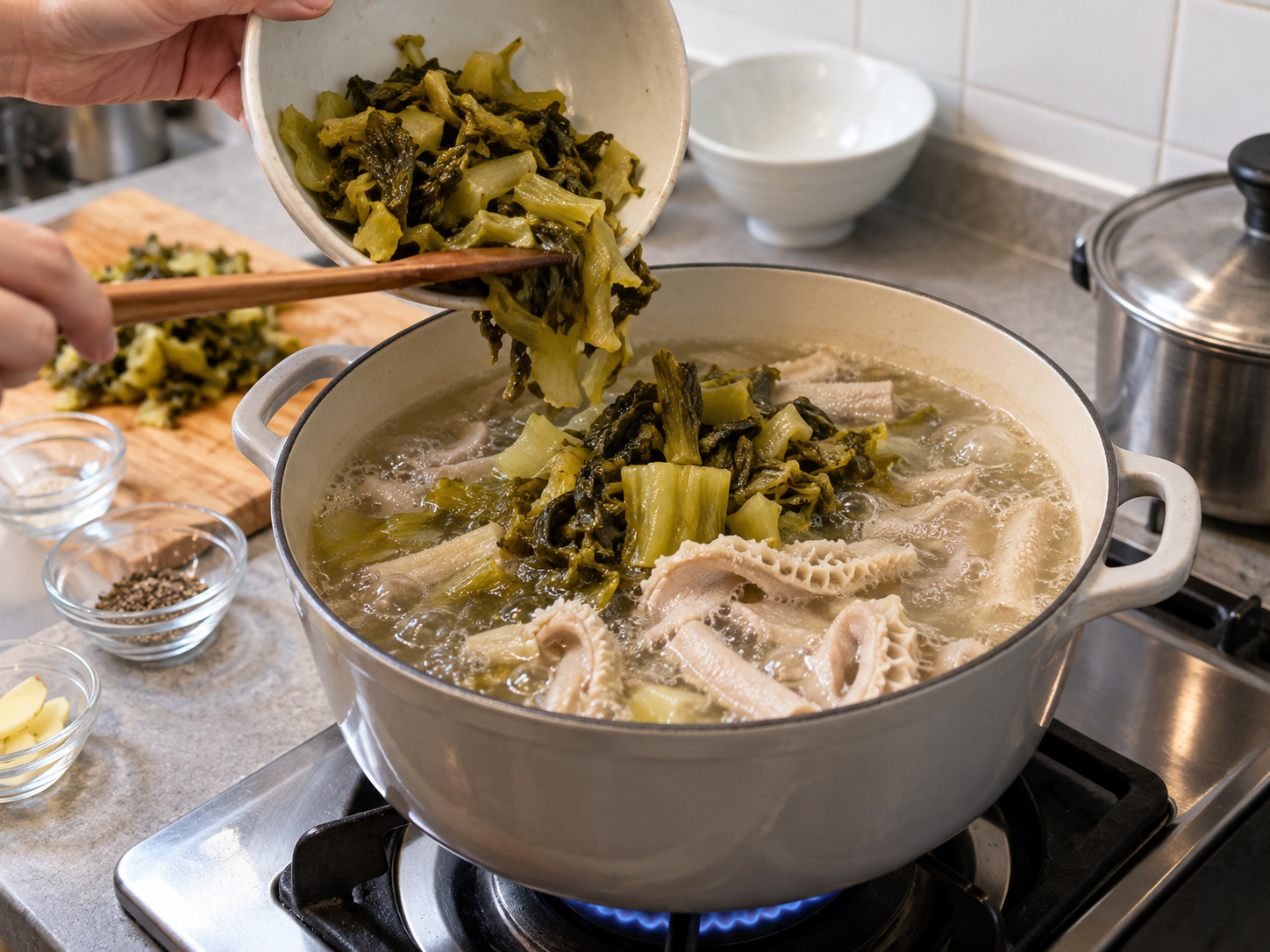 Teochew Pepper Pork Tripe Soup with Preserved Mustard Greens — Add mustard greens