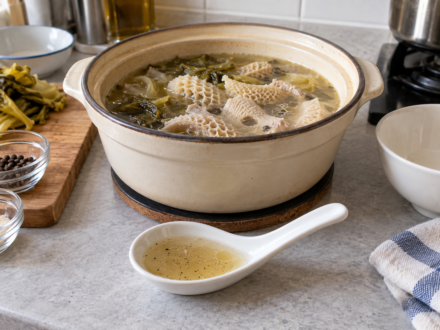Teochew Pepper Pork Tripe Soup with Preserved Mustard Greens — Taste at the end