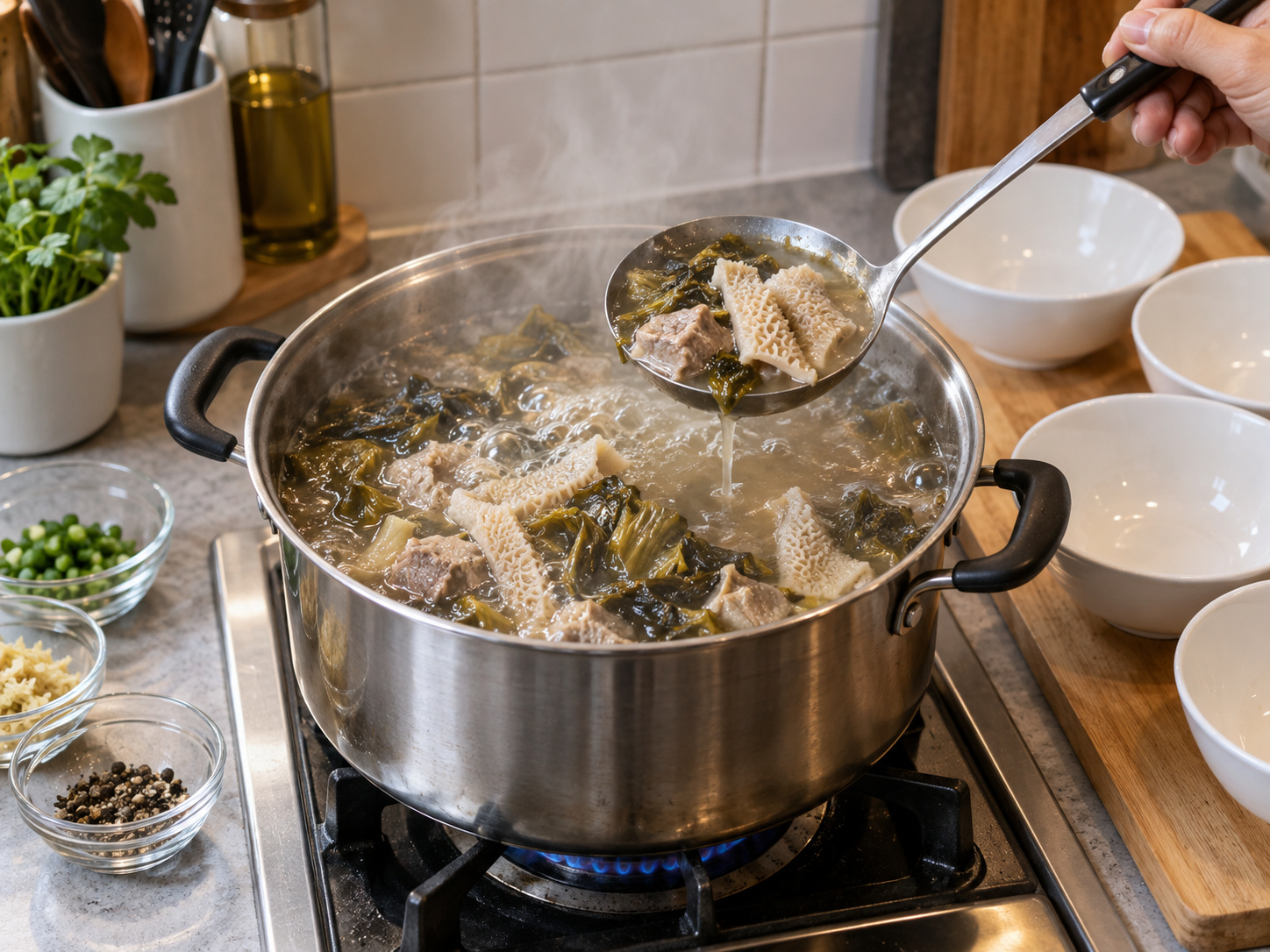 Teochew Pepper Pork Tripe Soup with Preserved Mustard Greens — Reboil and serve