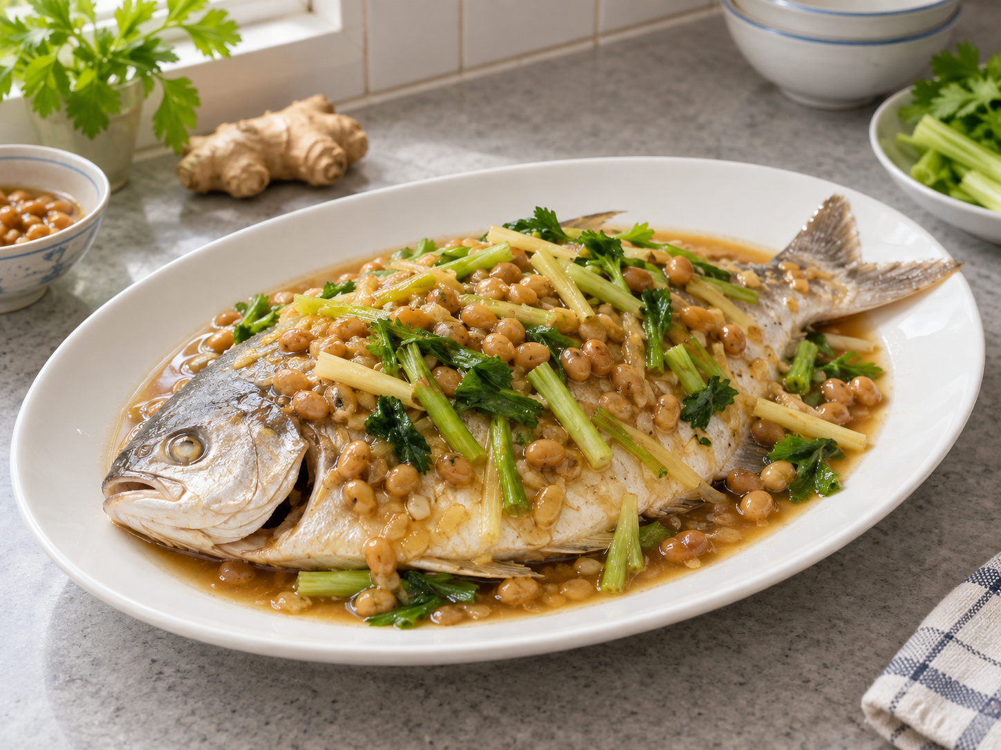 Ikan Bawal Teochew dengan Saus Kacang Fermentasi Puning — hidangan selesai