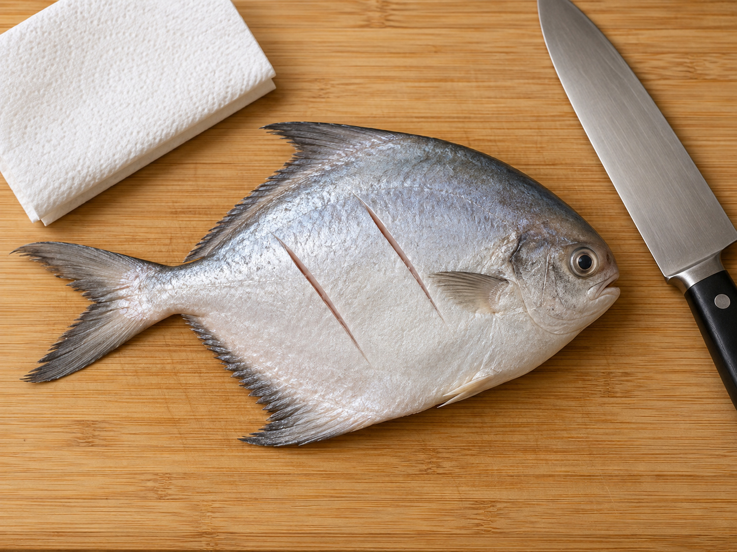 Ikan Bawal Teochew dengan Saus Kacang Fermentasi Puning — Keringkan dan sayat