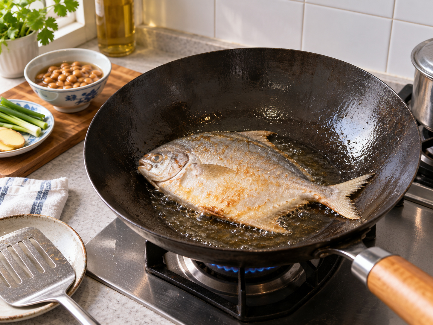 Ikan Bawal Teochew dengan Saus Kacang Fermentasi Puning — Goreng sisi pertama