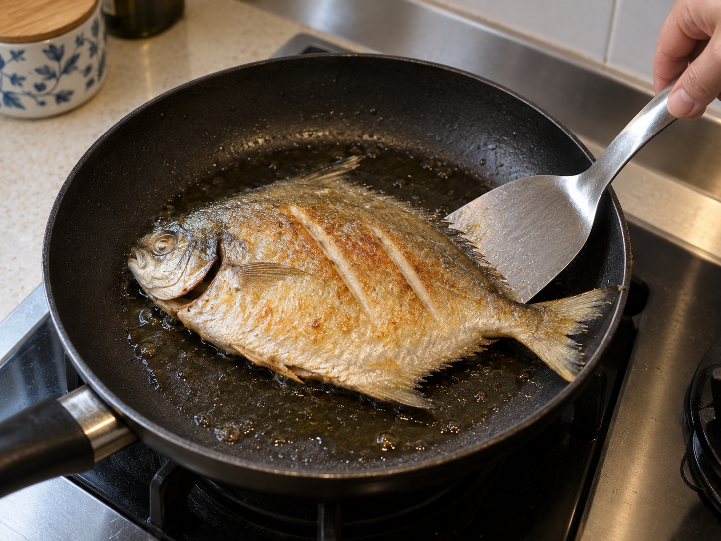 Ikan Bawal Teochew dengan Saus Kacang Fermentasi Puning — Balik dan goreng