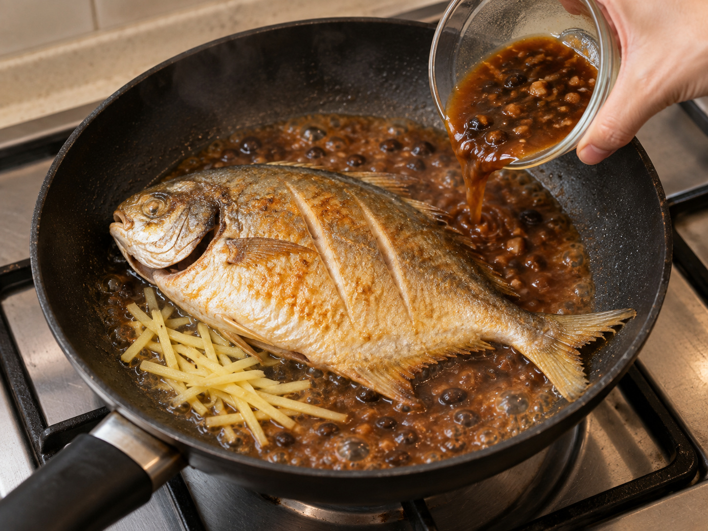 Ikan Bawal Teochew dengan Saus Kacang Fermentasi Puning — Tuang saus