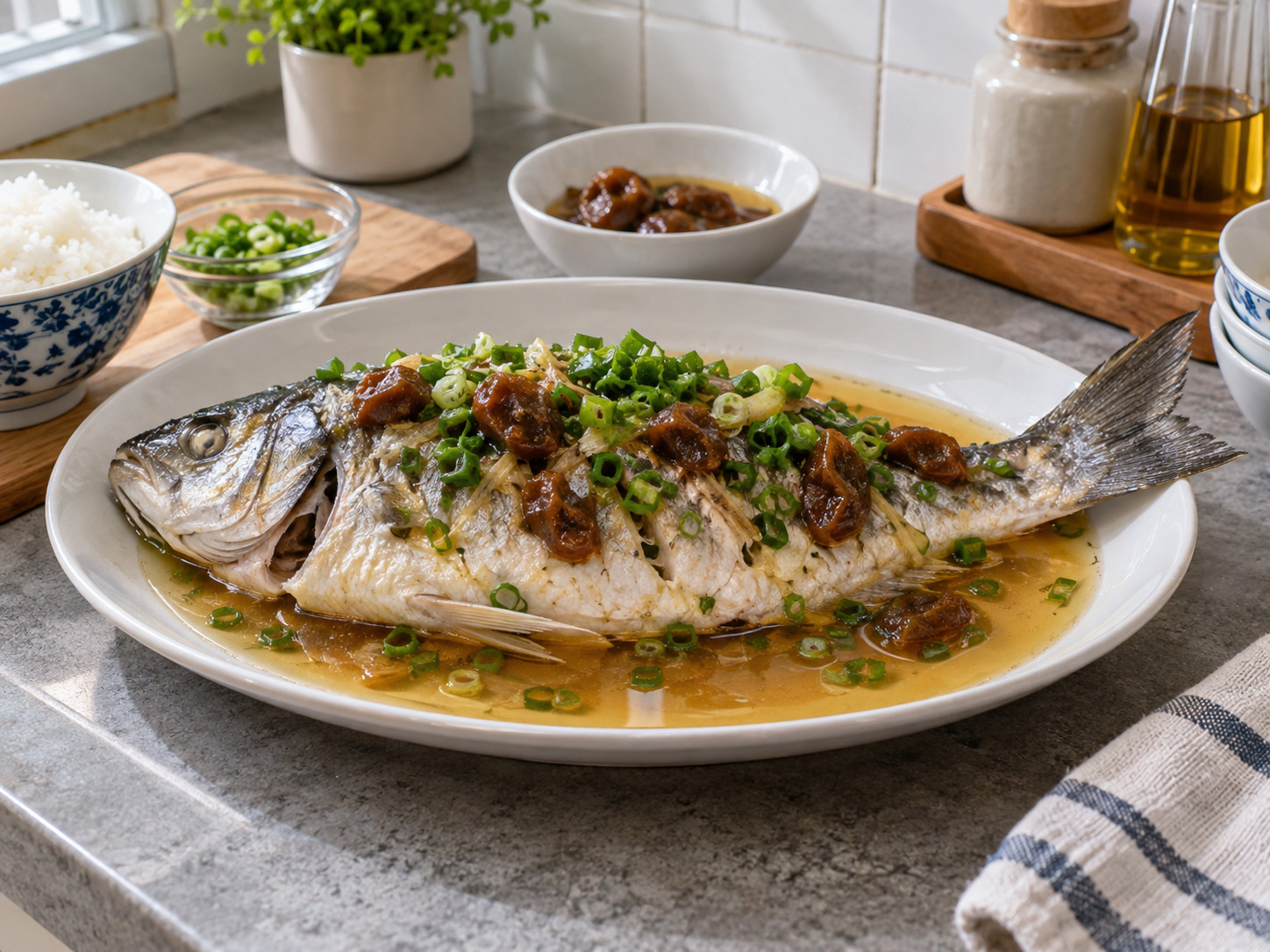 Teochew Steamed Mullet na may Maalat na Plum — natapos na ulam