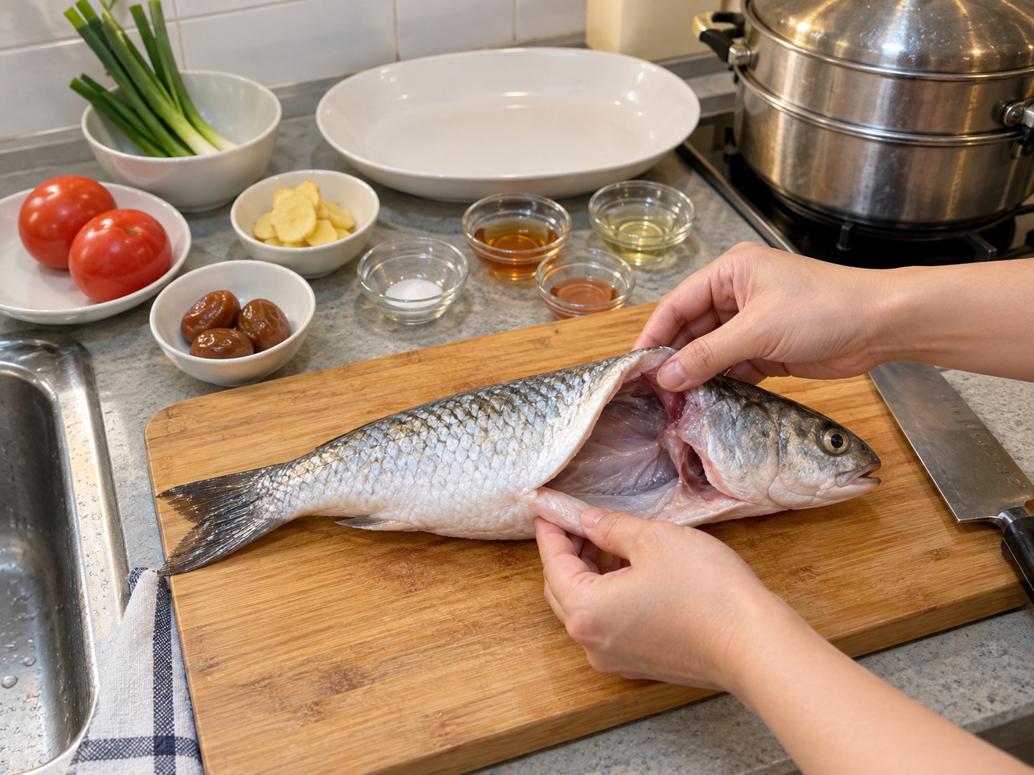 Teochew Steamed Mullet with Salted Plum — Inspect the mullet