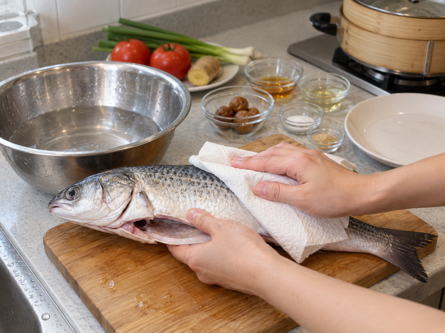 Teochew Steamed Mullet with Salted Plum — Rinse and dry
